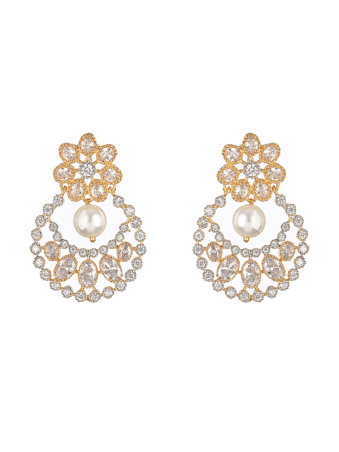 Gold Toned Zircon Studded Pearl Beaded Chandbali Drop  Earrings
