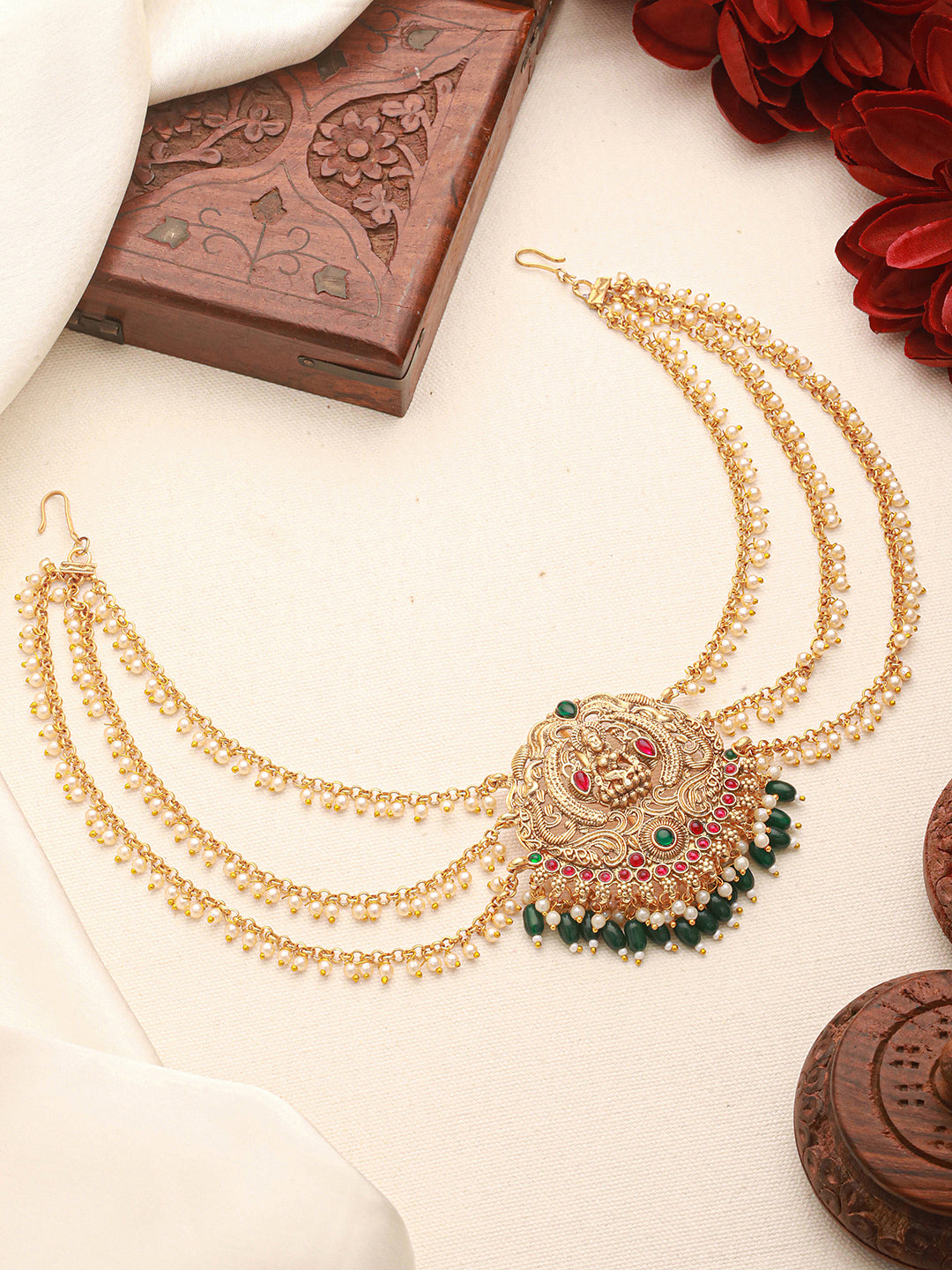 Gold Finish Red  Kempo Studded Goddess Lakshmi  Design Temple Jadai Billa Bridal Hair Braid Matha Patti