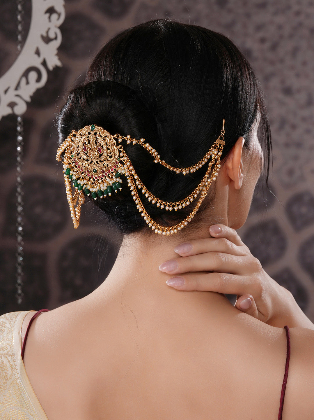 Gold Finish Red  Kempo Studded Goddess Lakshmi  Design Temple Jadai Billa Bridal Hair Braid Matha Patti