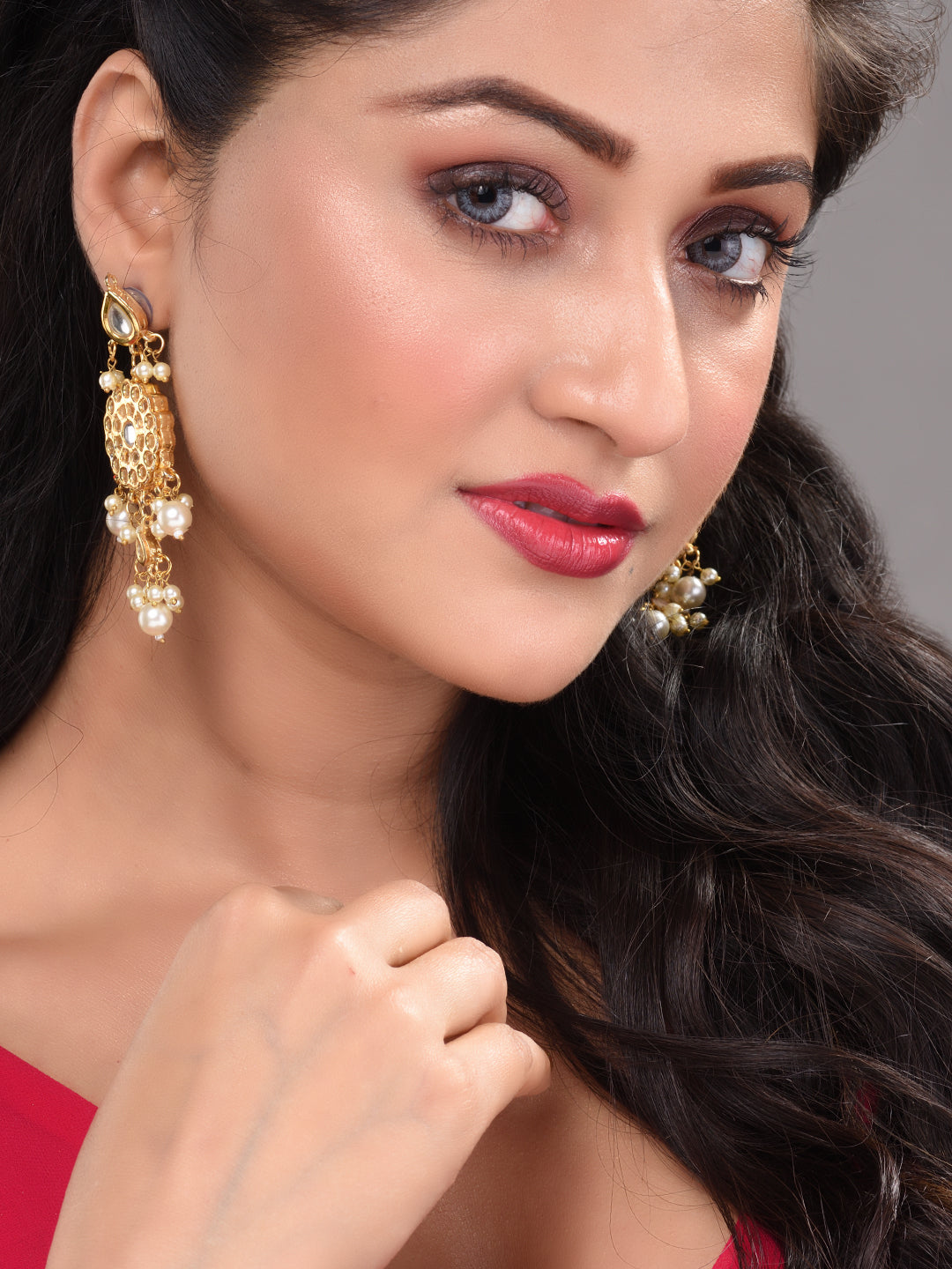 Gold Plated Kundan Studded & Pearl Beaded floral Earrings