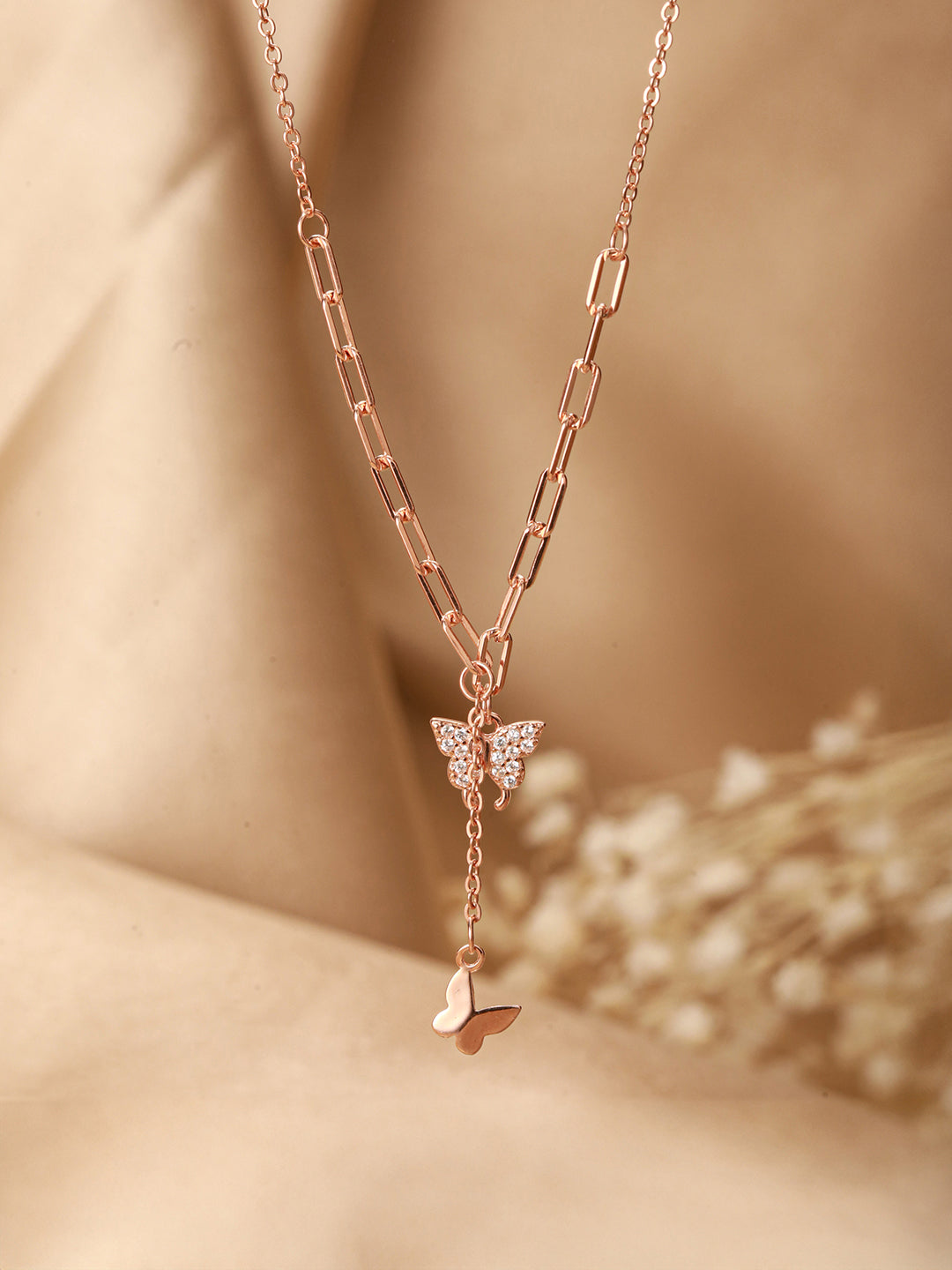 925 Sterling Silver CZ Studded  Rose Gold Plated Butterfly Tassle Minimal Necklace & Chain