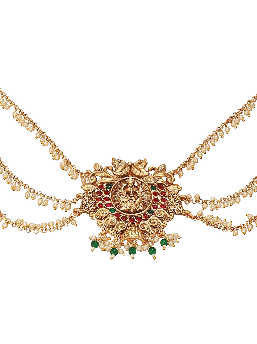 Gold Finish Red  Kempo Studded Nagas Goddess Lakshmi  Design Temple Jadai Billa Bridal Hair Braid   Matha Patti