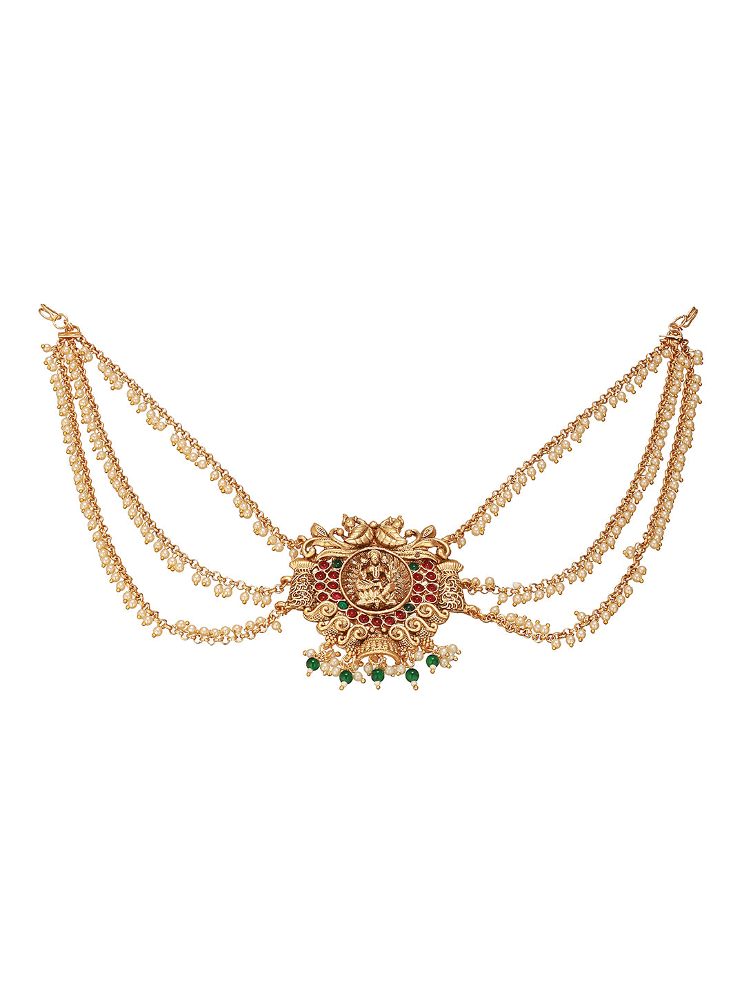 Gold Finish Red  Kempo Studded Nagas Goddess Lakshmi  Design Temple Jadai Billa Bridal Hair Braid   Matha Patti