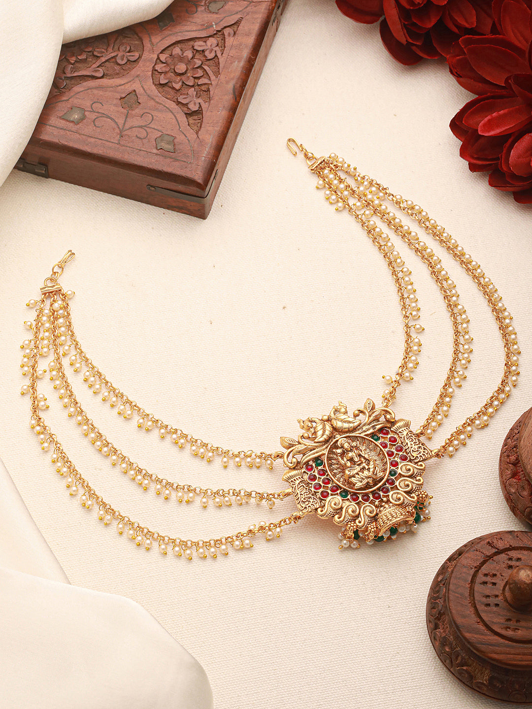 Gold Finish Red  Kempo Studded Nagas Goddess Lakshmi  Design Temple Jadai Billa Bridal Hair Braid   Matha Patti