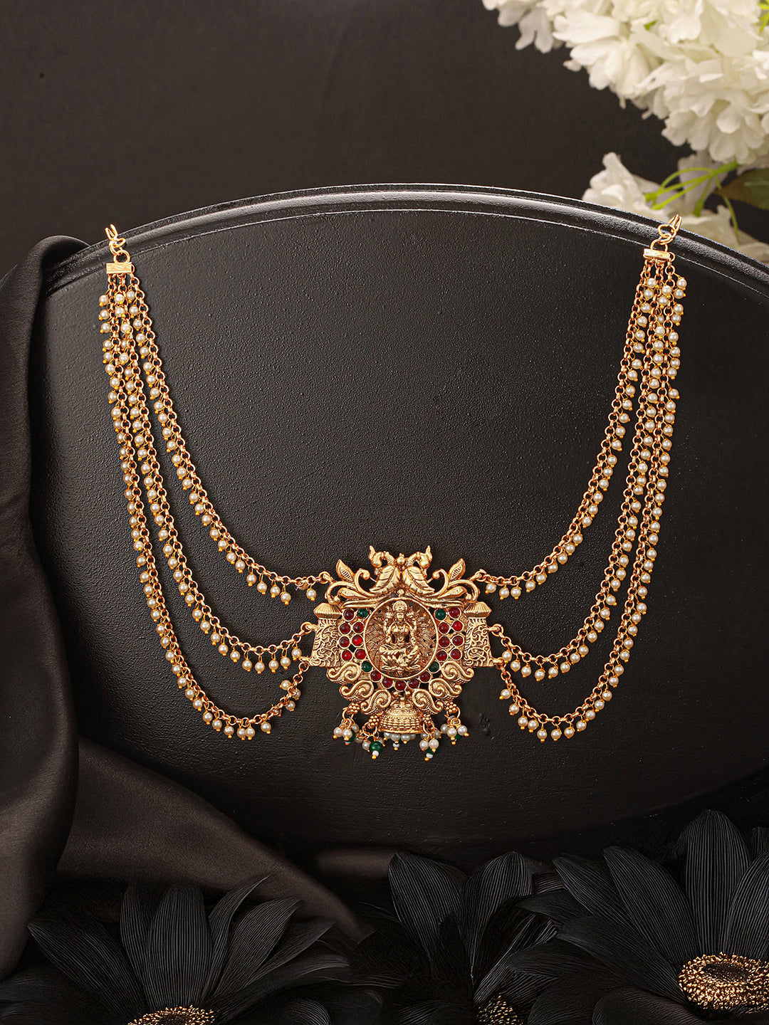 Gold Finish Red  Kempo Studded Nagas Goddess Lakshmi  Design Temple Jadai Billa Bridal Hair Braid   Matha Patti