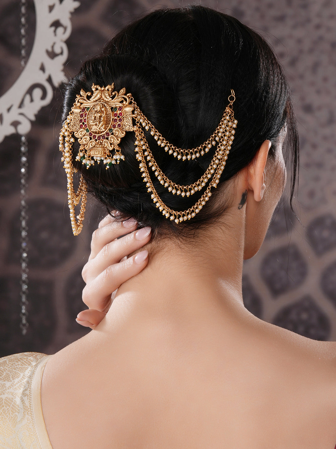 Gold Finish Red  Kempo Studded Nagas Goddess Lakshmi  Design Temple Jadai Billa Bridal Hair Braid   Matha Patti