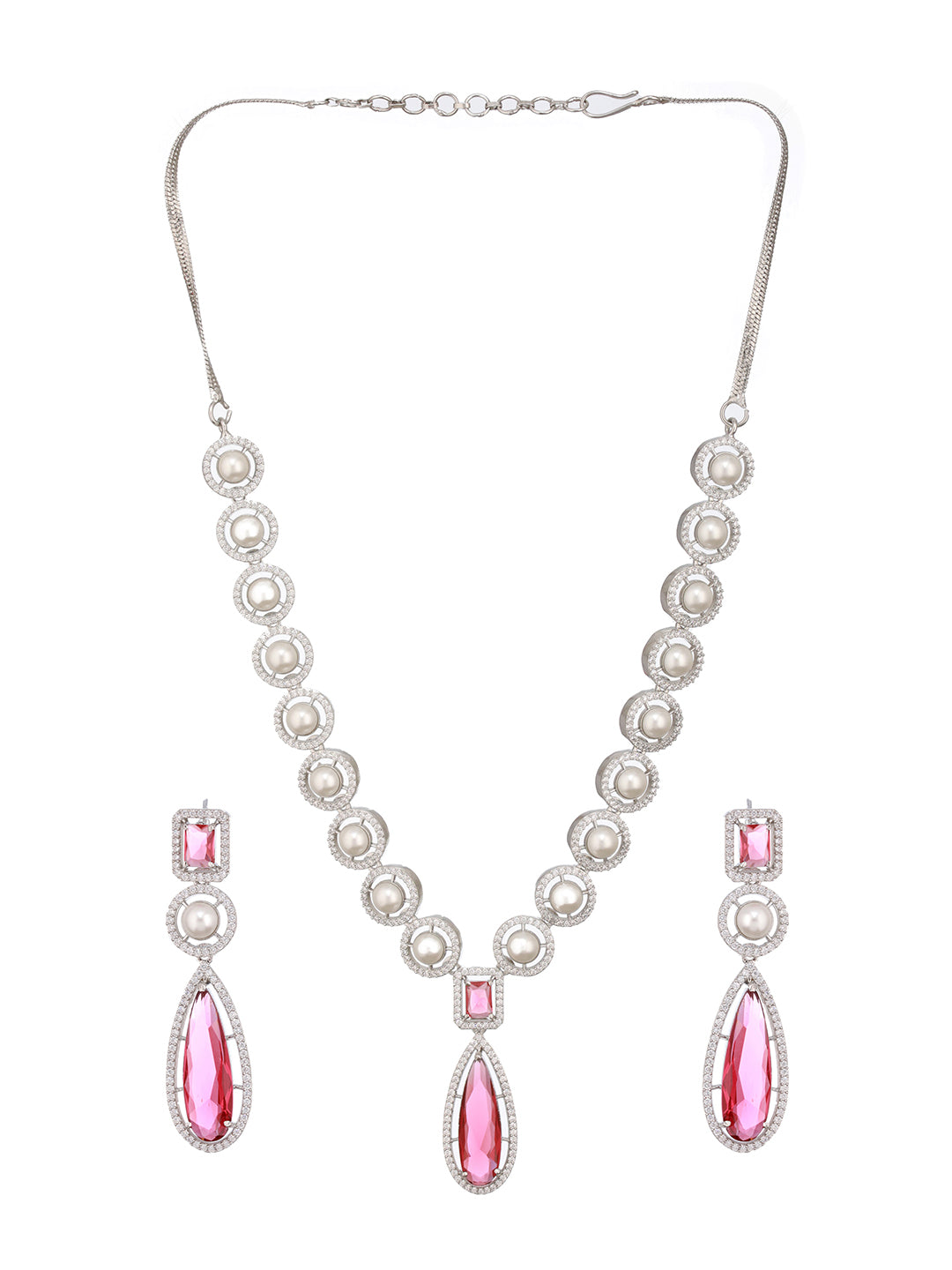 Silver Rhodium  Red Zircon Pearl Beaded  Designer Necklace  Jewellery  Set