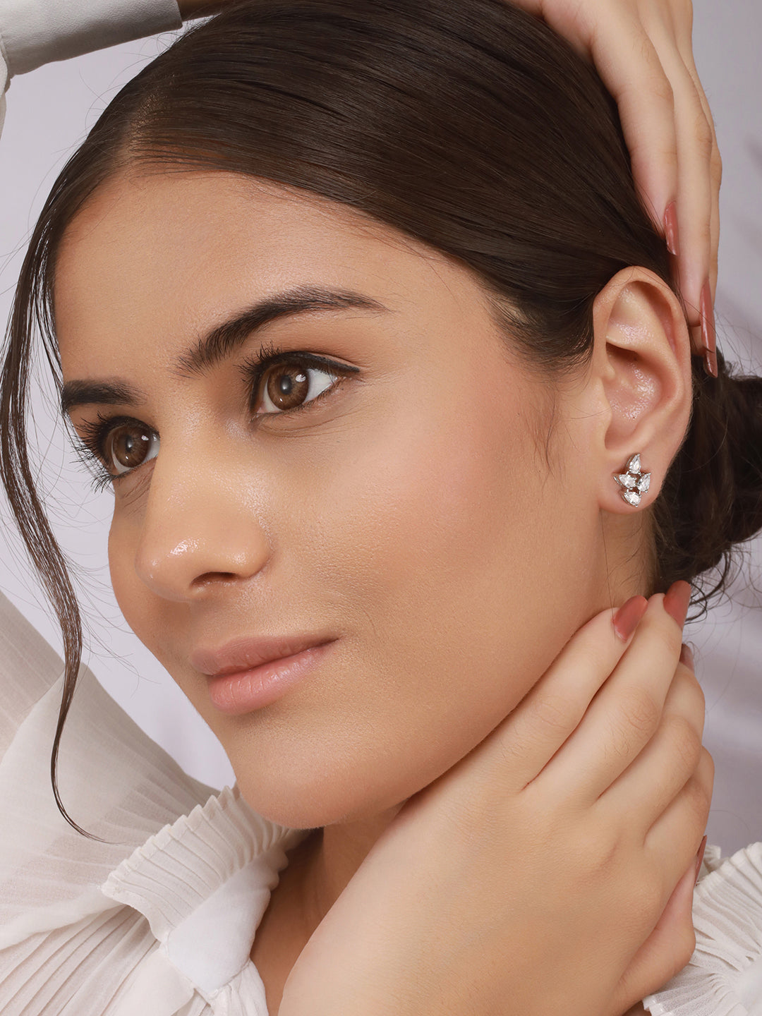 925 Sterling Silver AD Studded Rhodium Plated  Leafy Studds Earrings