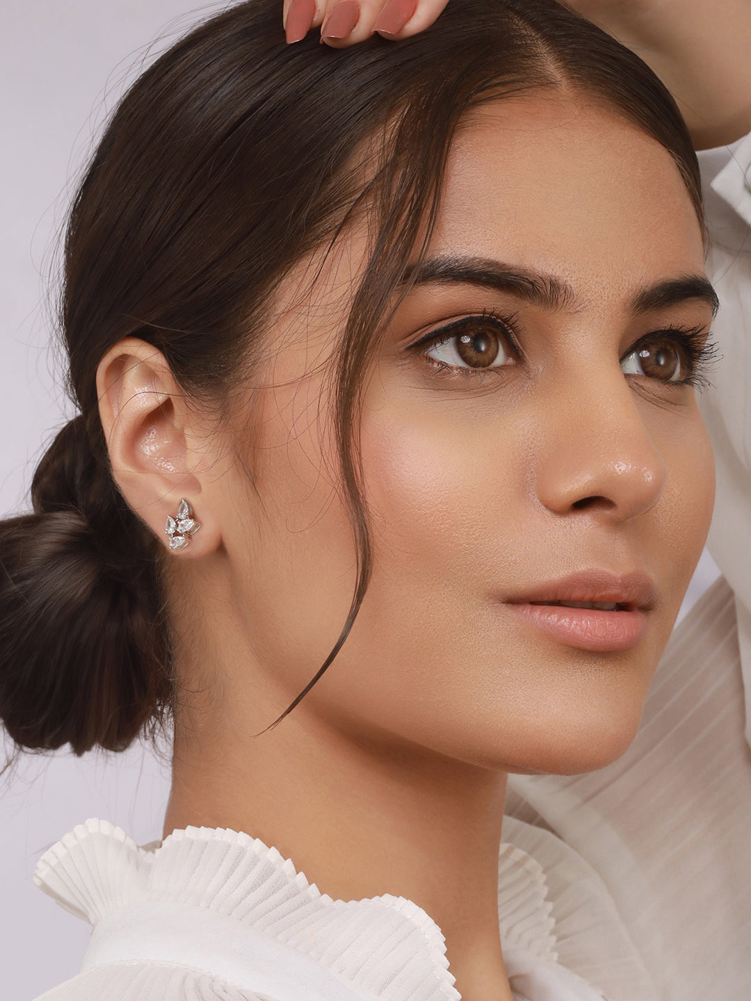 925 Sterling Silver AD Studded Rhodium Plated  Leafy Studds Earrings