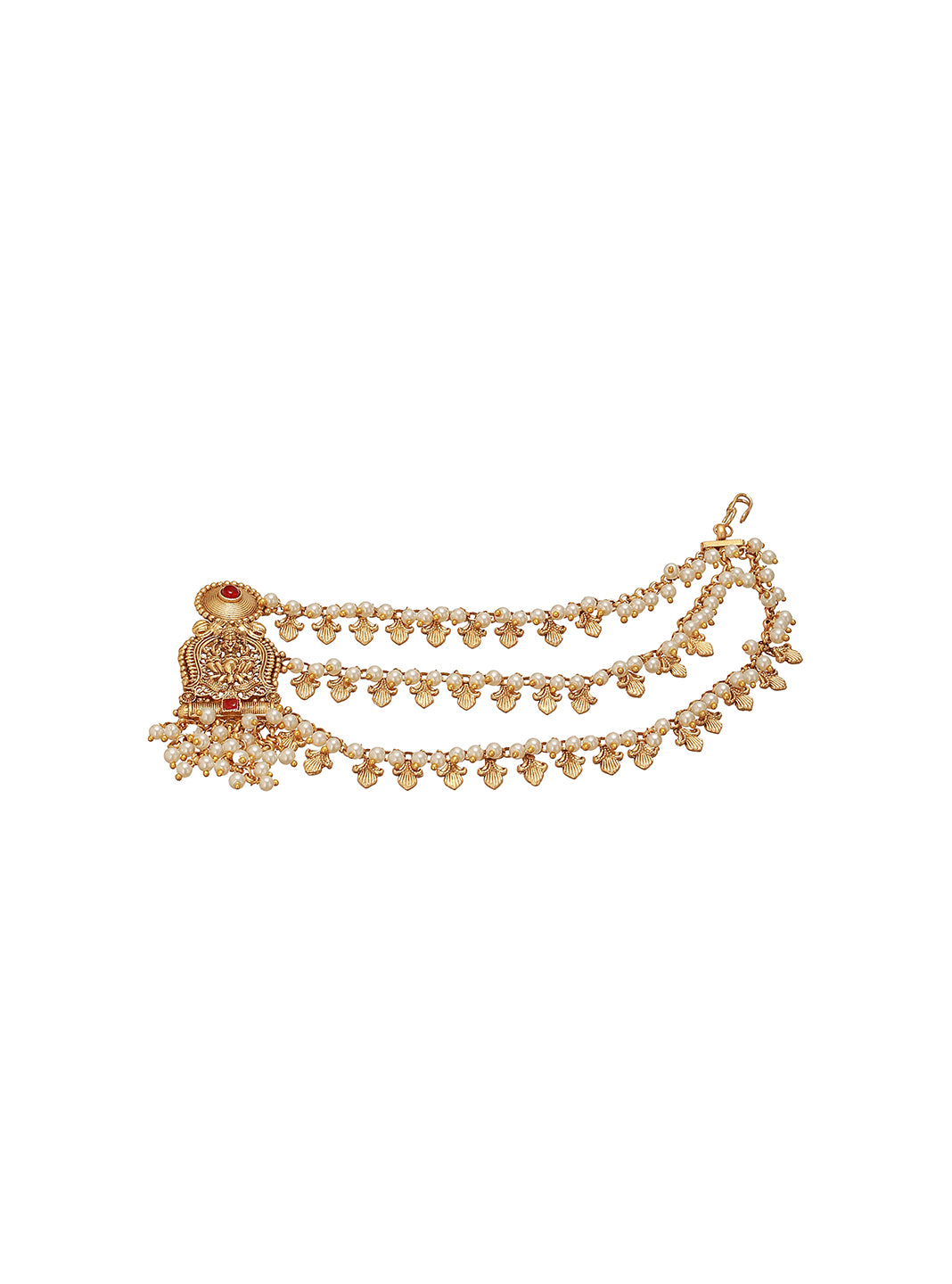 Gold Plated Kemp Stone Studded 3 Layered Pearl Lakshmi ji Design Temple Matil With Earchain Earrings