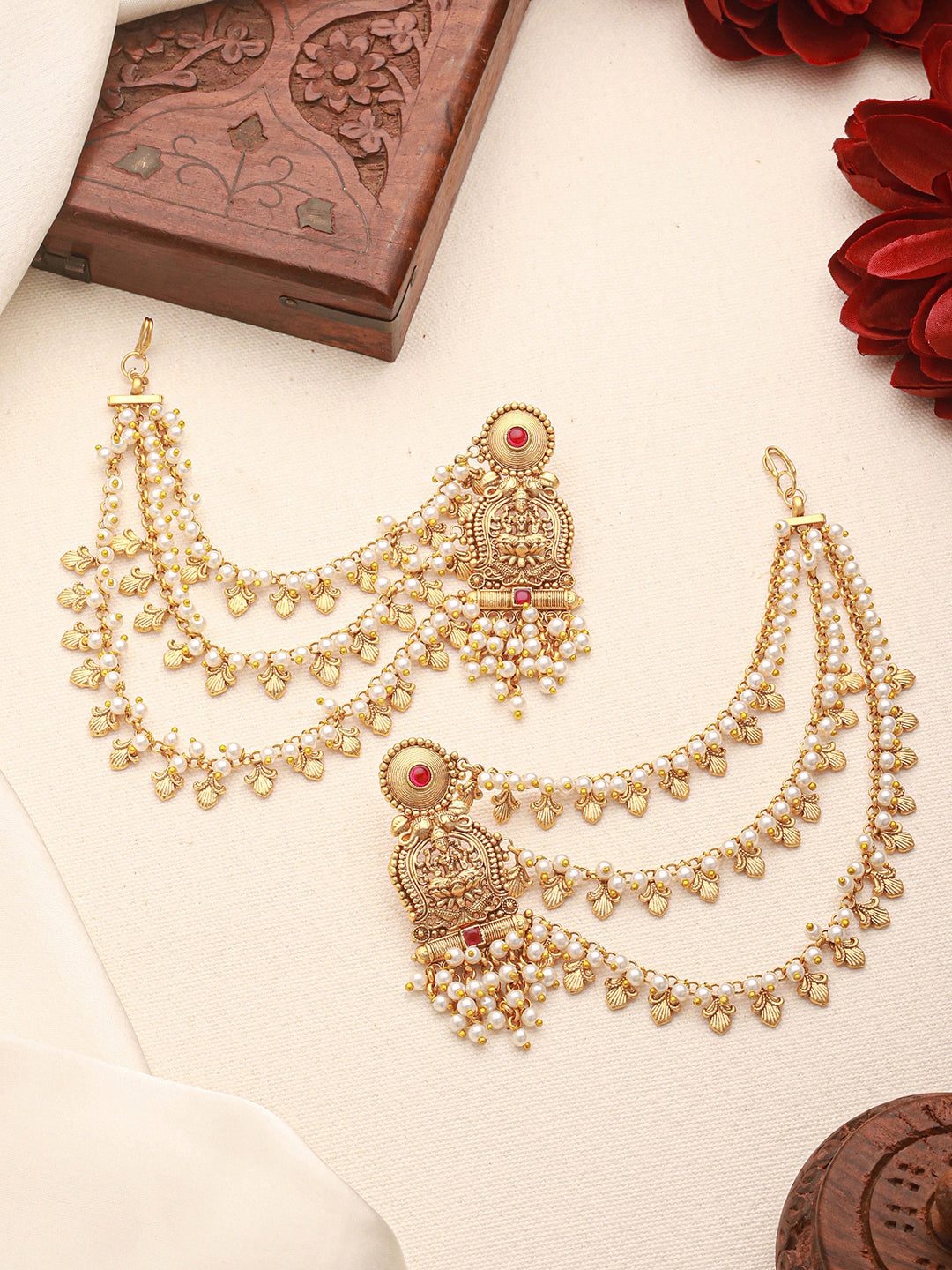 Gold Plated Kemp Stone Studded 3 Layered Pearl Lakshmi ji Design Temple Matil With Earchain Earrings