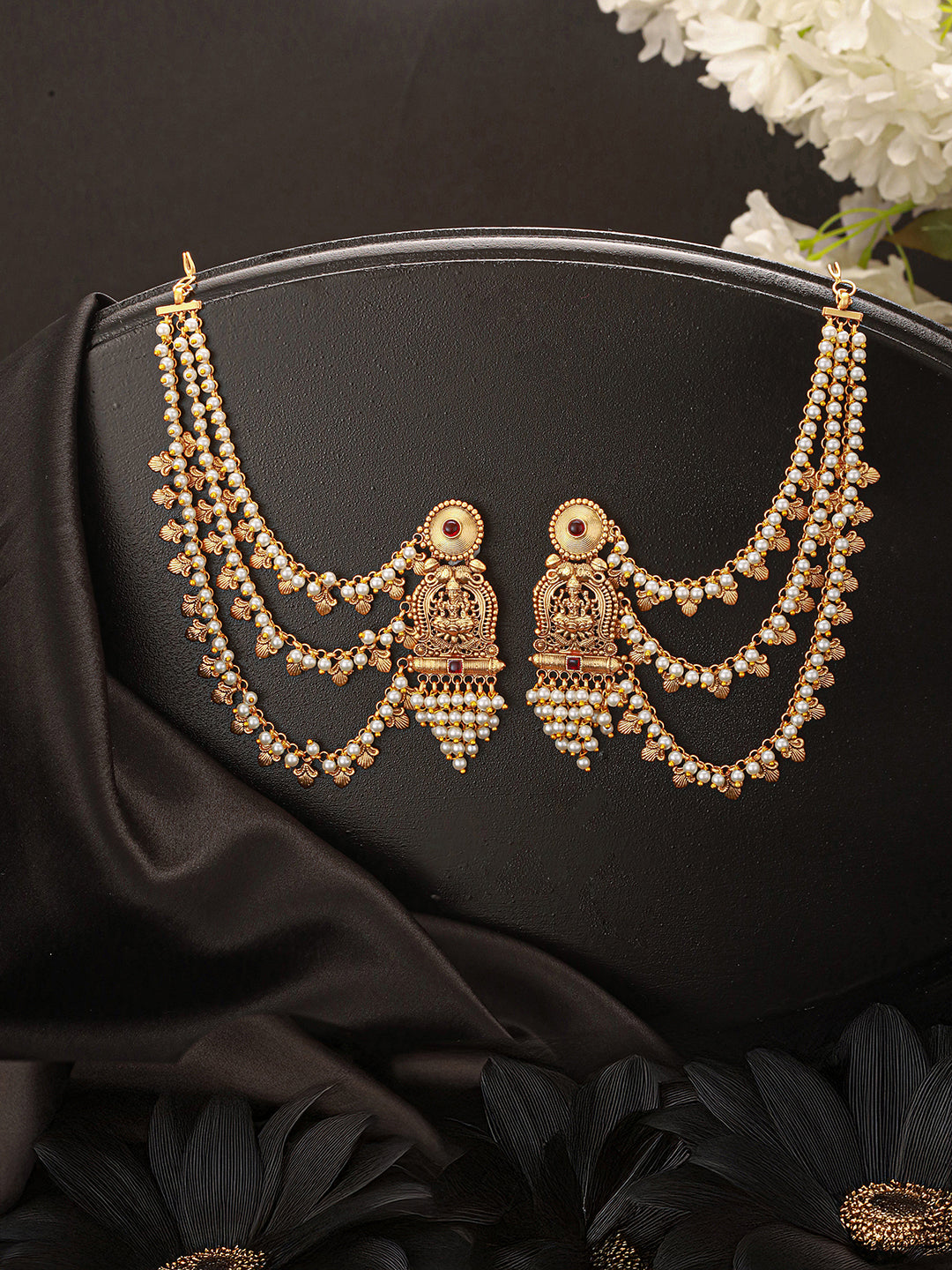 Gold Plated Kemp Stone Studded 3 Layered Pearl Lakshmi ji Design Temple Matil With Earchain Earrings