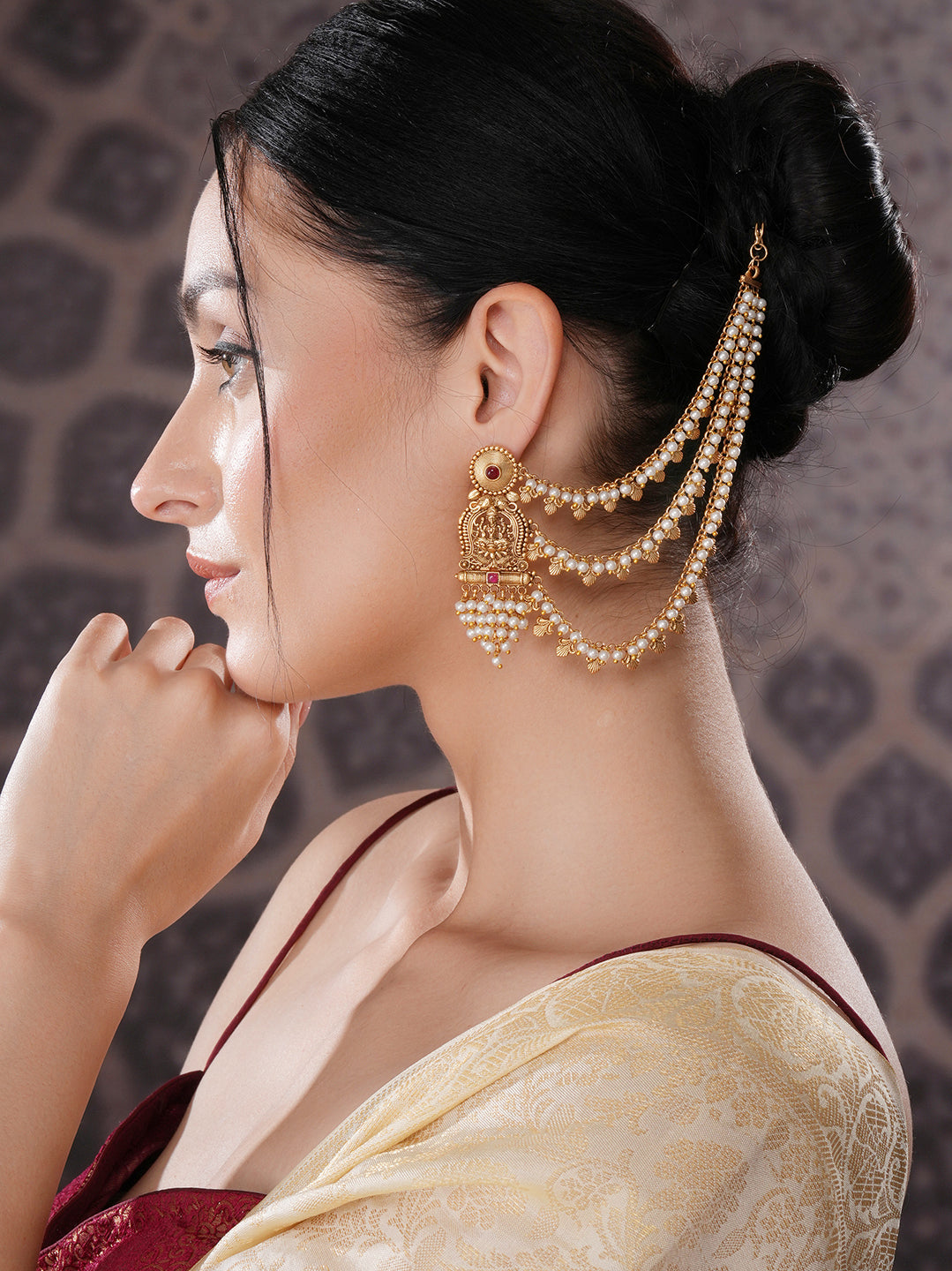 Gold Plated Kemp Stone Studded 3 Layered Pearl Lakshmi ji Design Temple Matil With Earchain Earrings