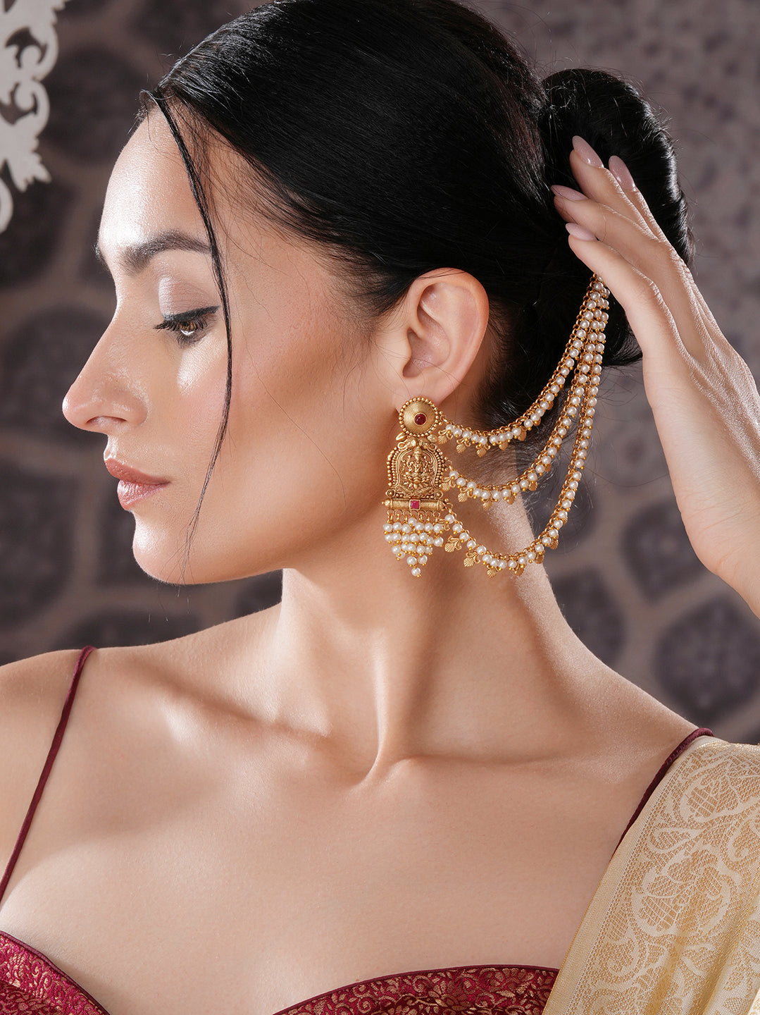 Gold Plated Kemp Stone Studded 3 Layered Pearl Lakshmi ji Design Temple Matil With Earchain Earrings