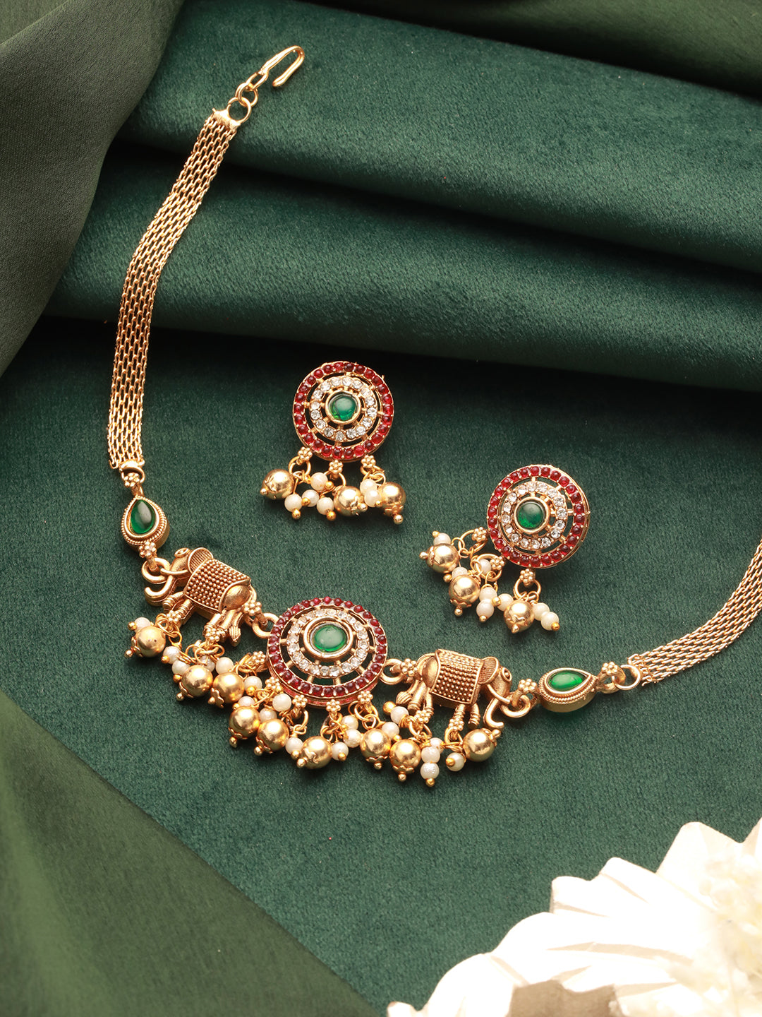 Gold Plated Green Kempo Studded Elepahant Delicate Choker Jewellery Set