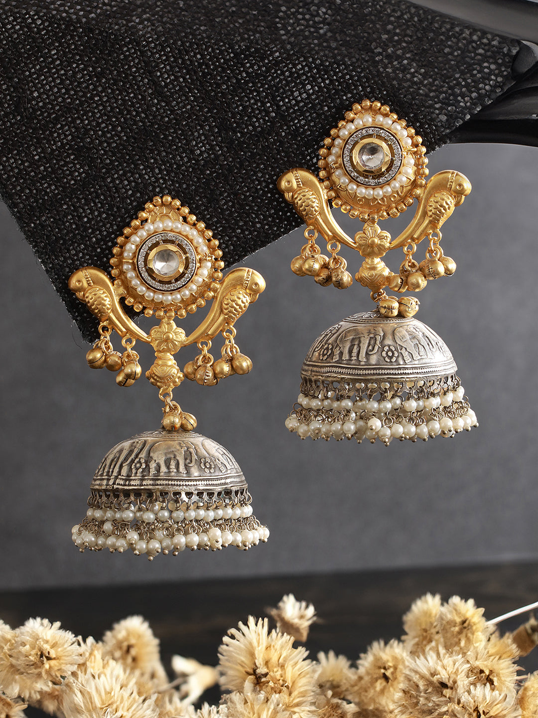 Dual Toned Pearl Beaded Bird Motif Dome Shaped Contemporary Jhumka earrings
