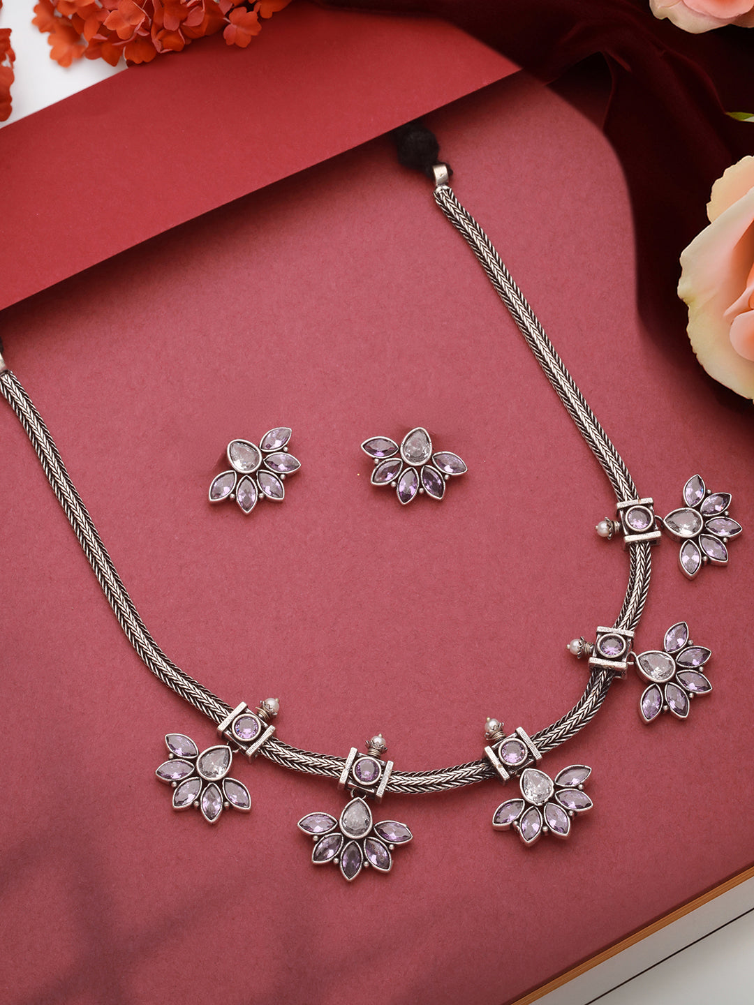 Silver Oxidised Finish Stone Studded Flower Motif Collar Necklace Jewellery Set