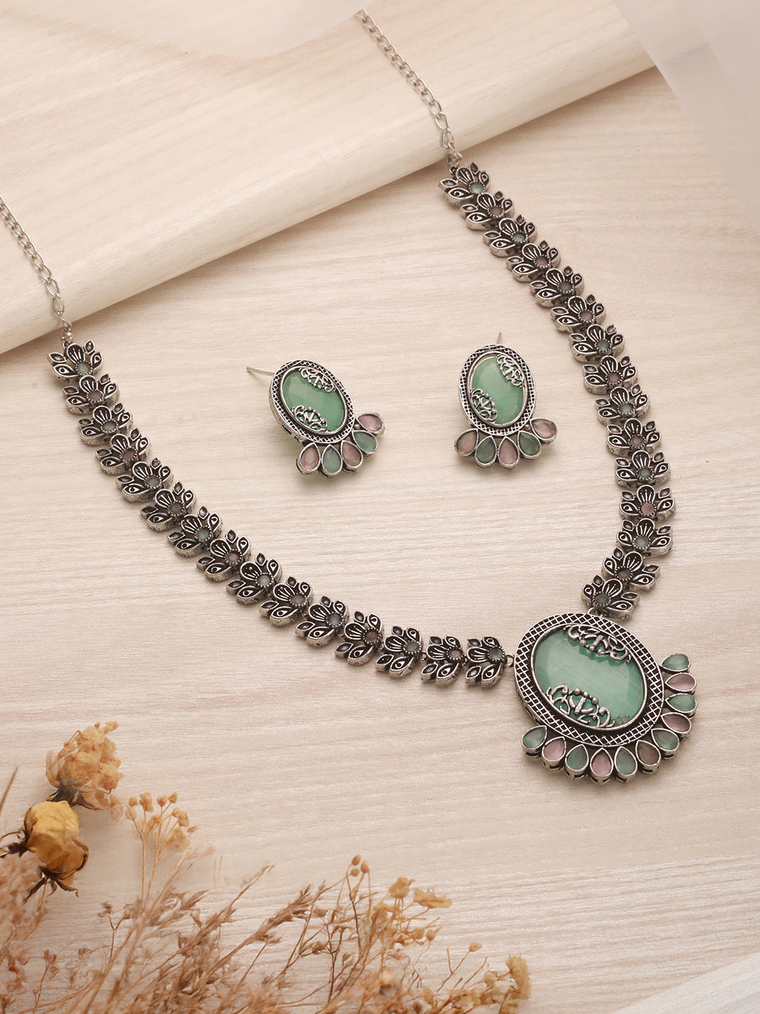Silver Oxidised Mint Stone Studded Floral Designer Long Haram Necklace Jewellery Set