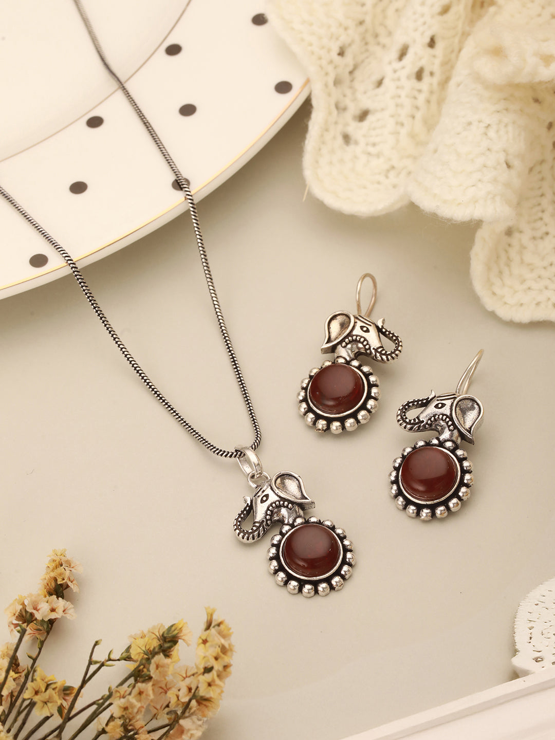 Silver Oxidised Toned Red Ruby Minimal Elephant Motif Fish Hook Earrings Pendant Jewellery Set