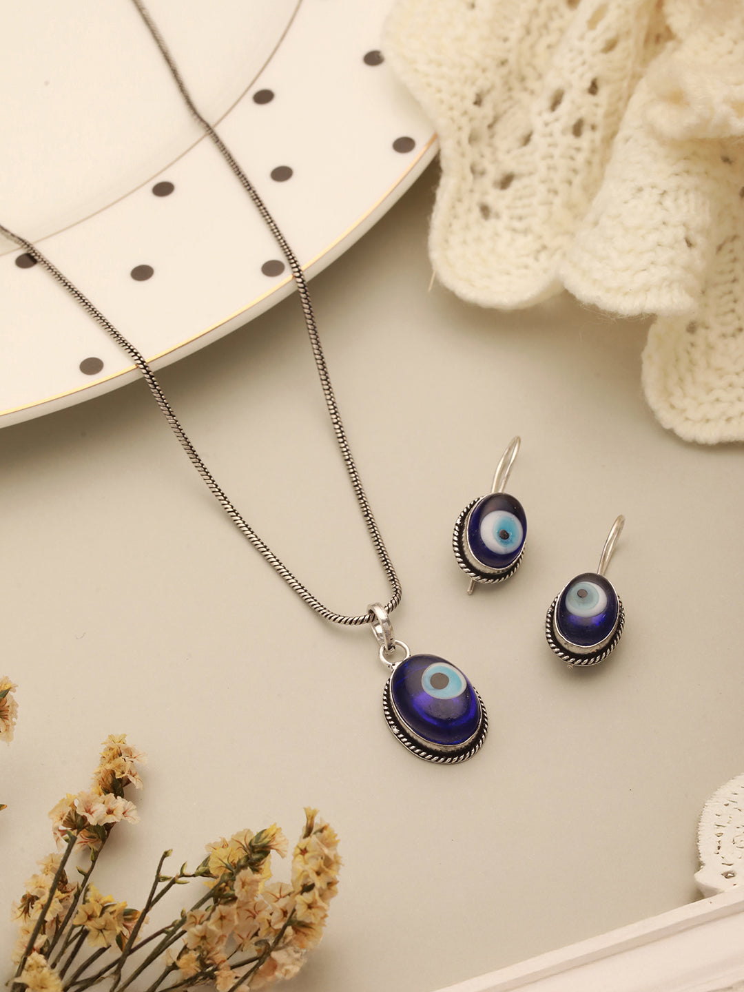 Silver Oxidised Toned Evil Eye Minimal Dailywear Pendant Jewellery Set