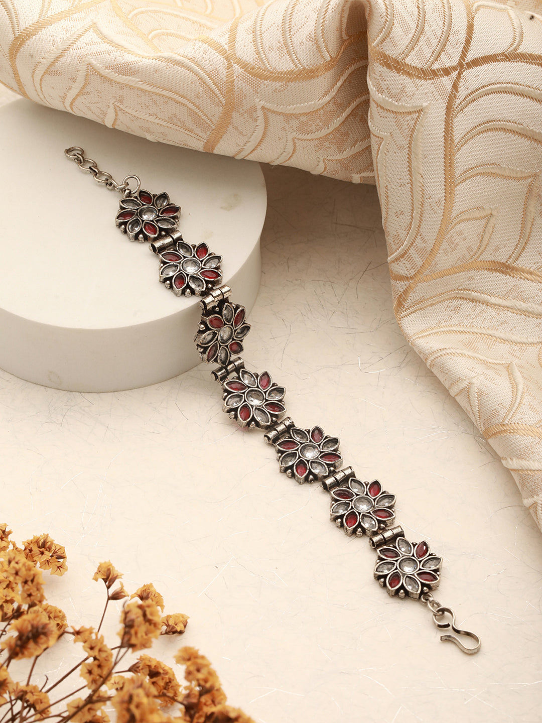 Silver Oxidised Toned Red Stone Studded Floral Tribal  Minimal  Adjustable Bracelet