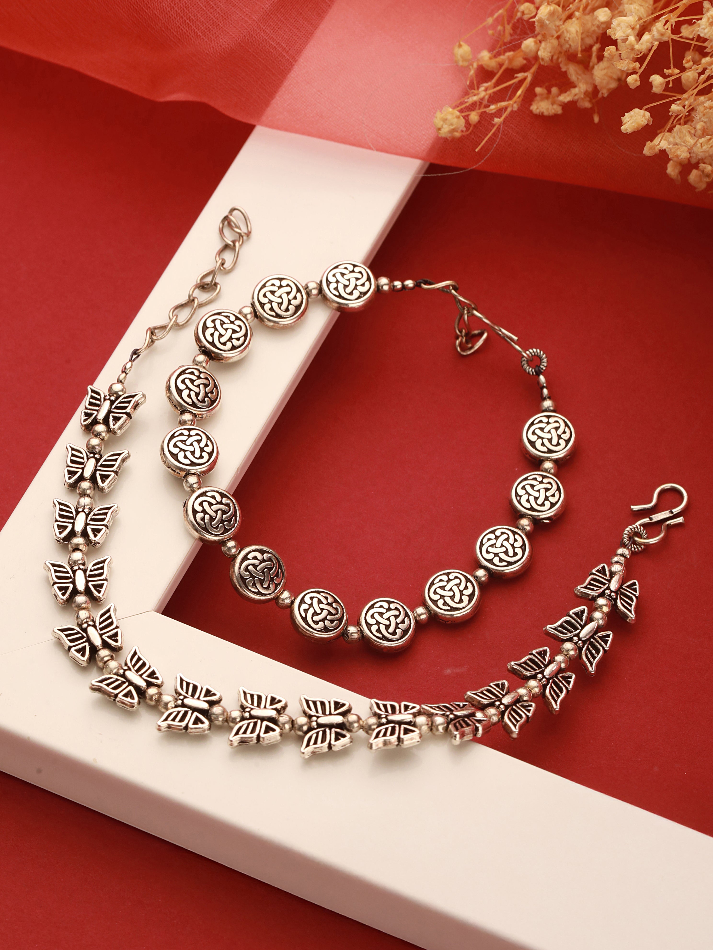 Silver Oxidised Toned Combo Floral & Butterfly Motif Minimal Dailywear Stackable Bracelet