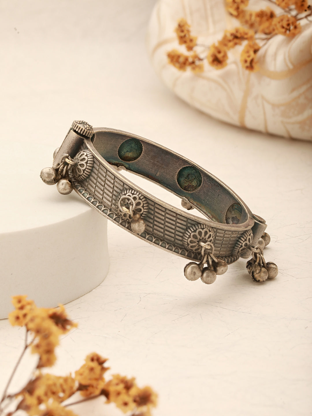 Silver Oxidised Tribal Boho Statement Ghungroo Kada Bangle Bracelet