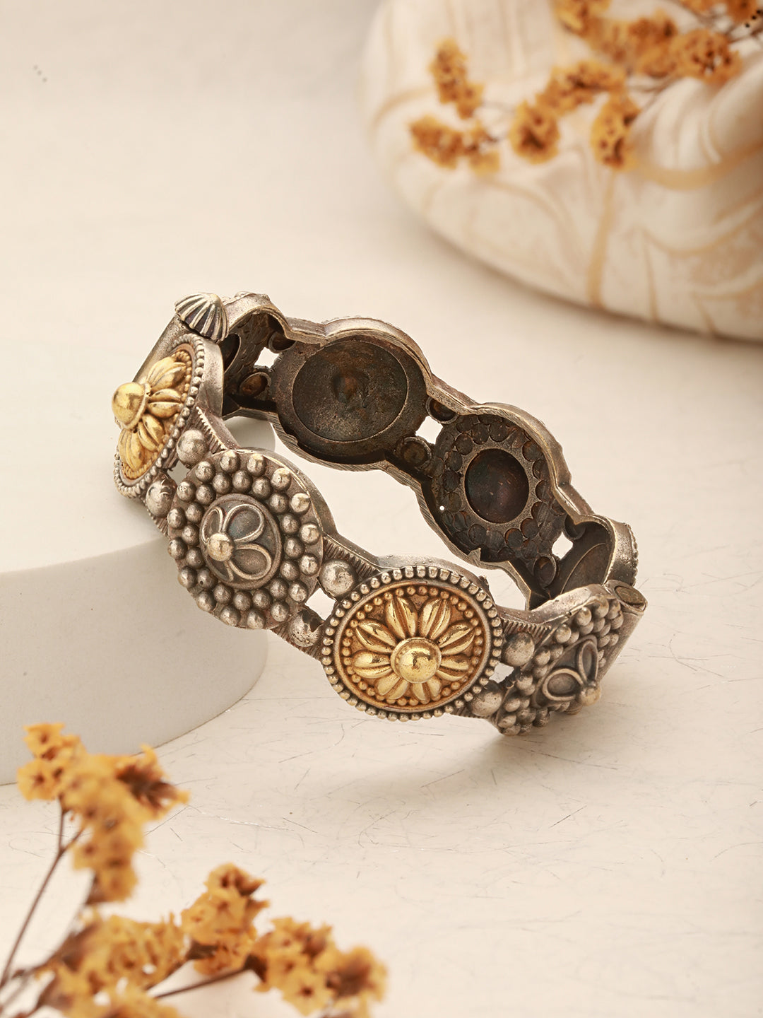 Silver Oxidised Dual Toned Boho Style Adjustable  Kada Bangle Bracelet