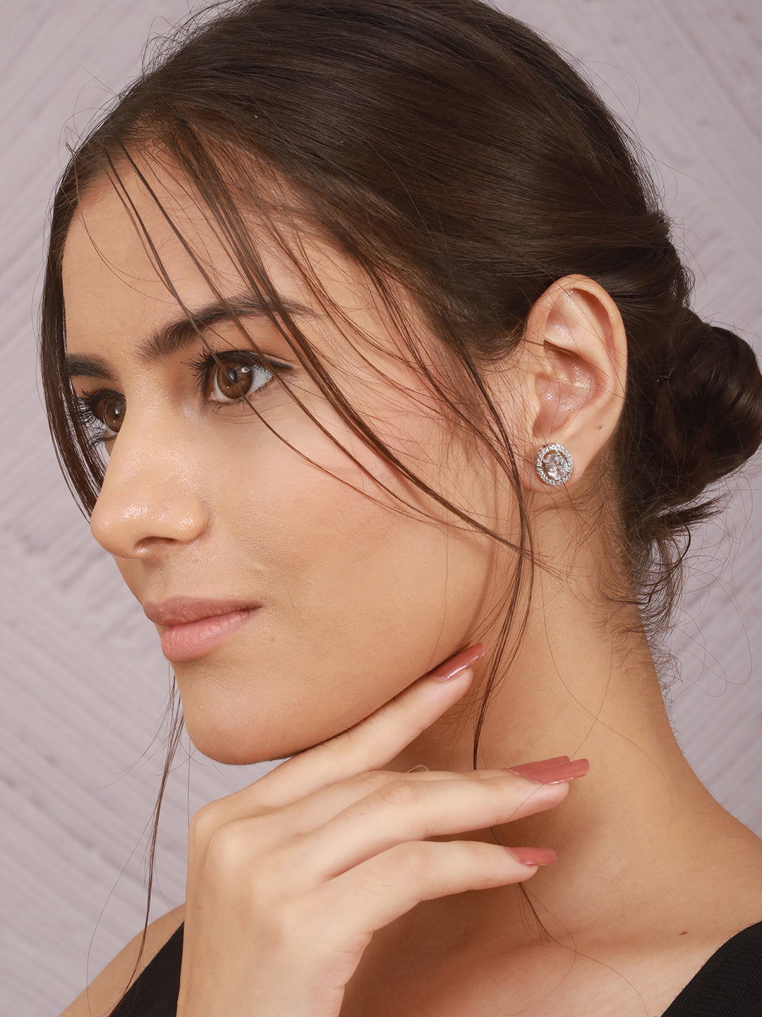 925 Sterling Silver AD Studded Rhodium Plated Oval Studds Earrings