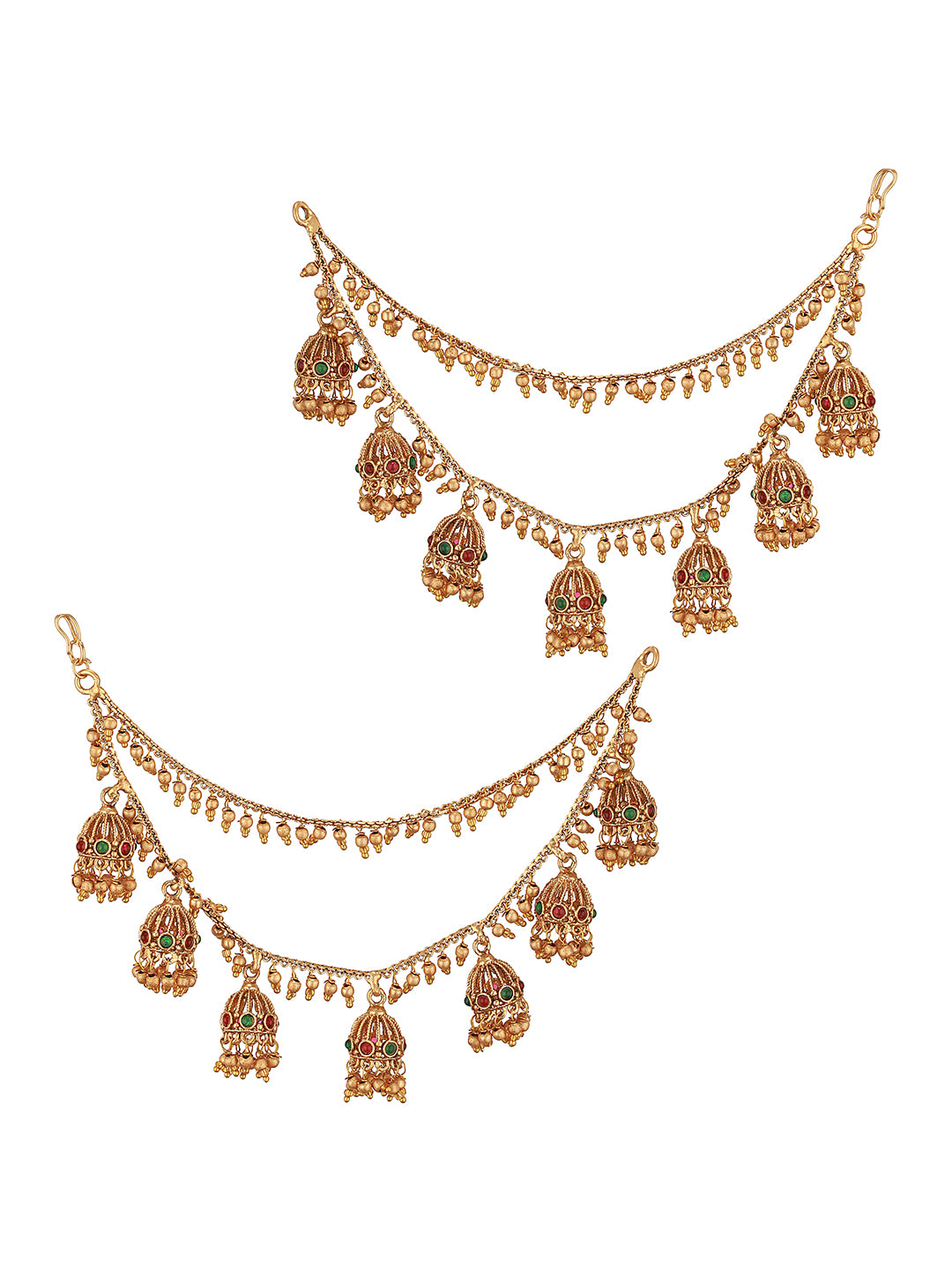 Gold Plated Double Layered Pearls Matil  Jhumka Design Champaswaralu  Temple  Ear Chain Earrings