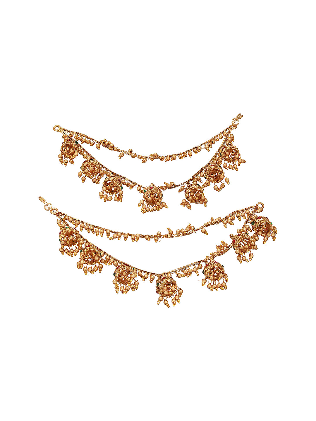 Gold Plated Double Layered Pearls Matil  Jhumka Design Champaswaralu  Temple  Ear Chain Earrings