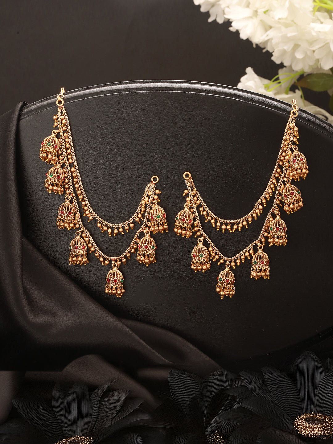 Gold Plated Double Layered Pearls Matil  Jhumka Design Champaswaralu  Temple  Ear Chain Earrings