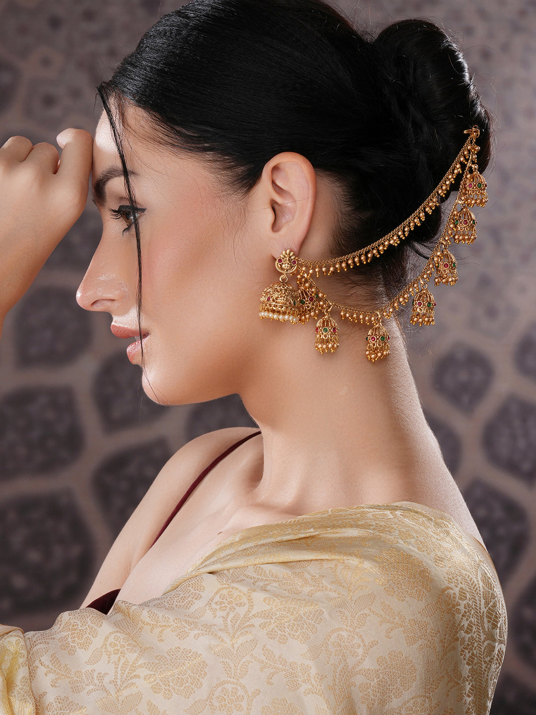 Gold Plated Double Layered Pearls Matil  Jhumka Design Champaswaralu  Temple  Ear Chain Earrings