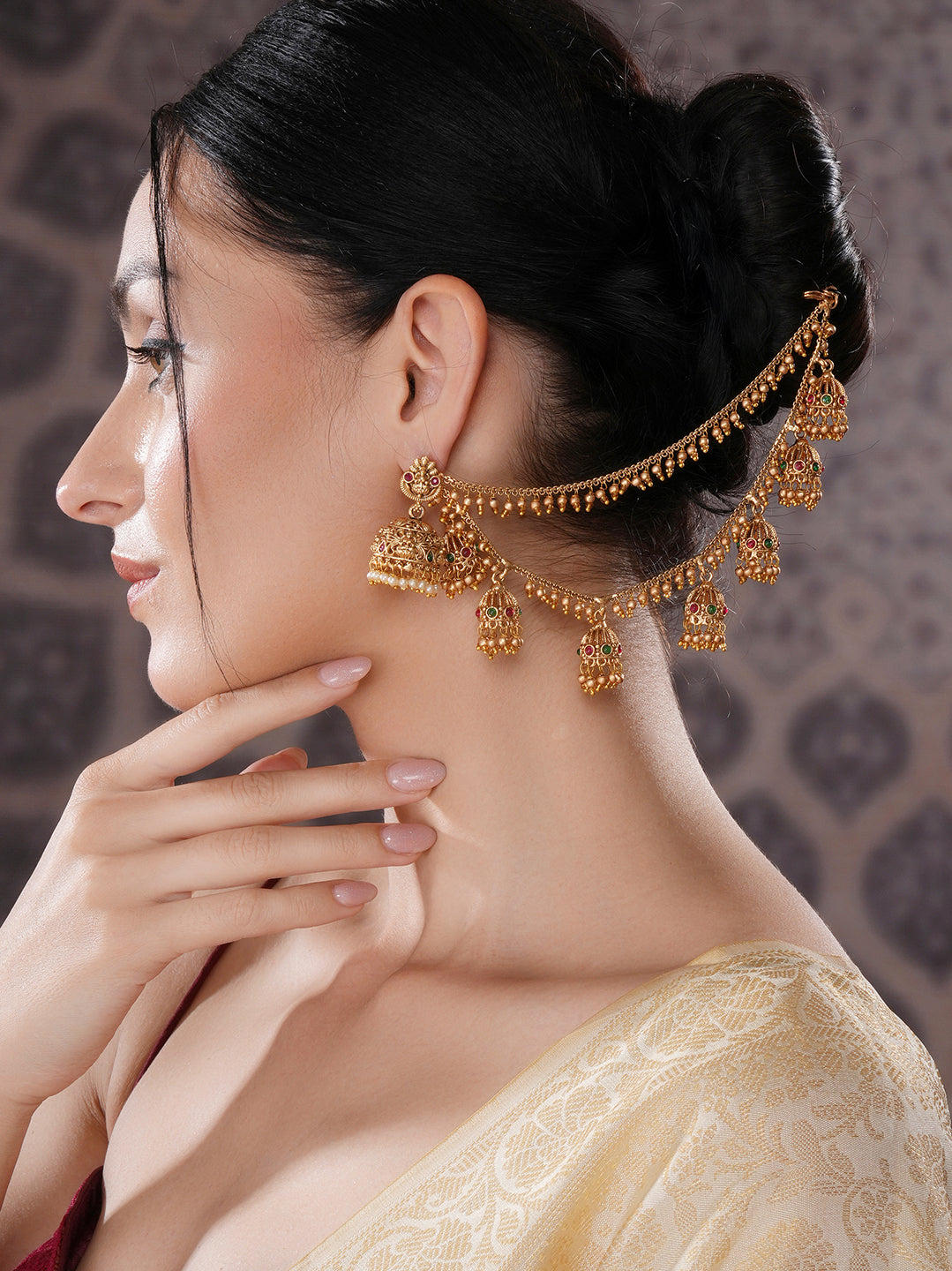 Gold Plated Double Layered Pearls Matil  Jhumka Design Champaswaralu  Temple  Ear Chain Earrings