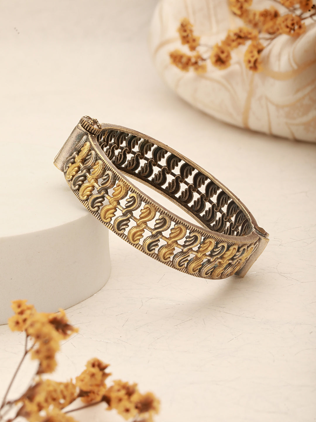Silver Oxidised Dual Toned Filigree Openable Kada Bangle Bracelet