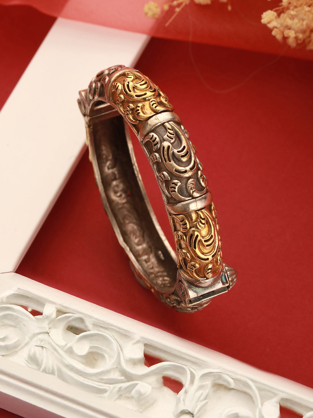 Silver Dual Toned Oxidised Filigree Minimal  Stacks Bangle Kada Bracelet