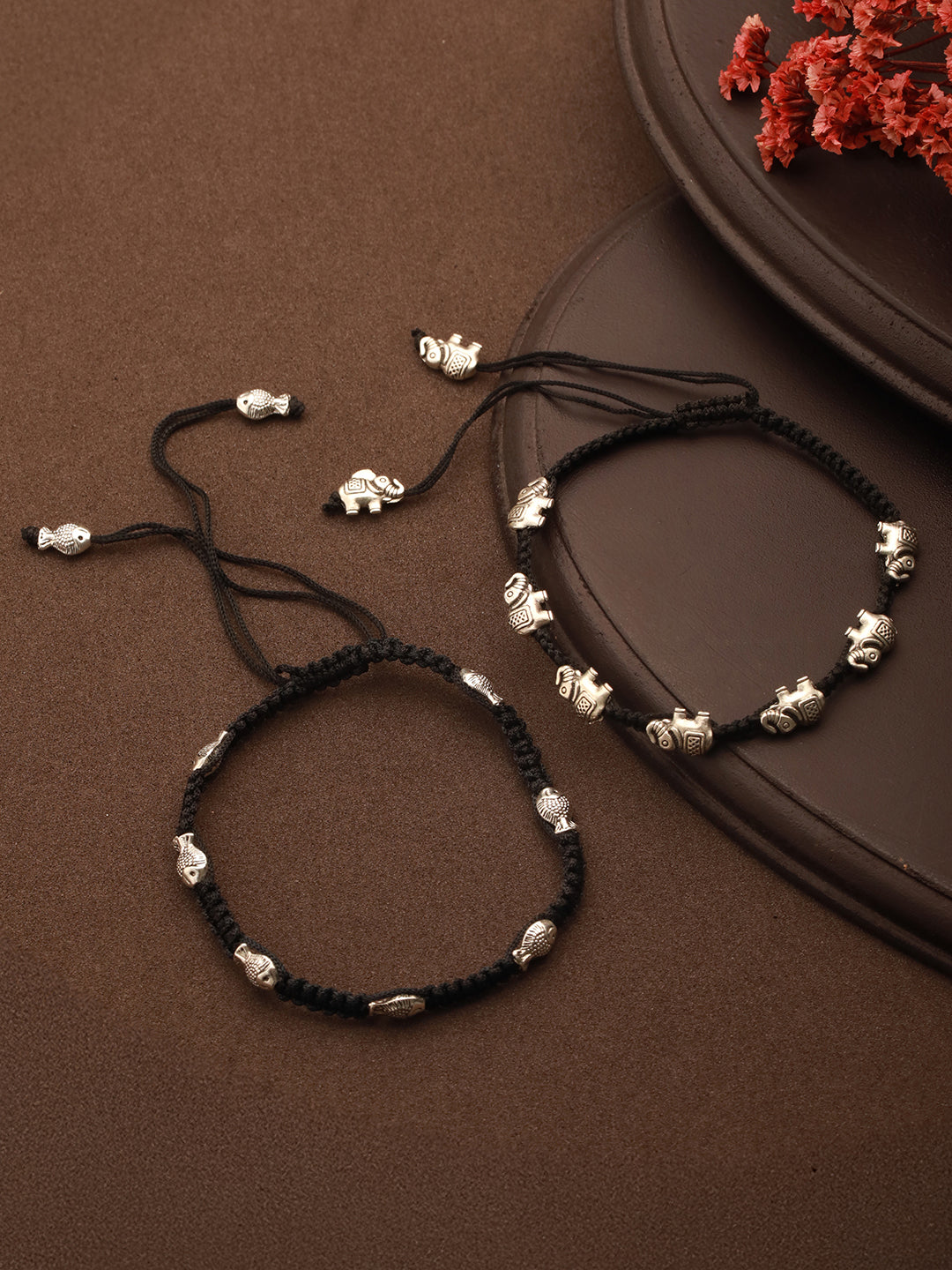 Combo of 2 Silver oxidised Charms beaded Thread Tie Up payal Anklet