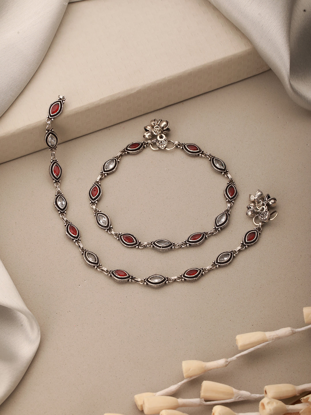 Set of 2 Silver Oxidised Red Ruby Studded Minimal Dailywear Anklet Payal