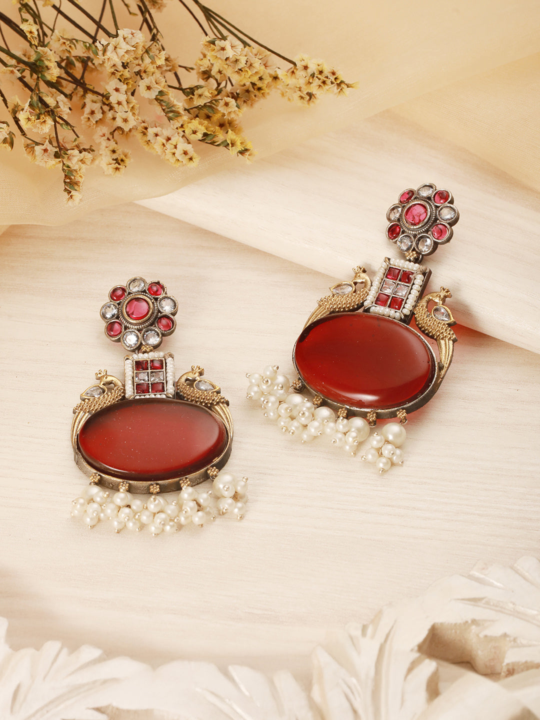 Silver Oxidised Dual Toned Red Stone & Pearl Beaded Peacocok Boho  Statement Earrings
