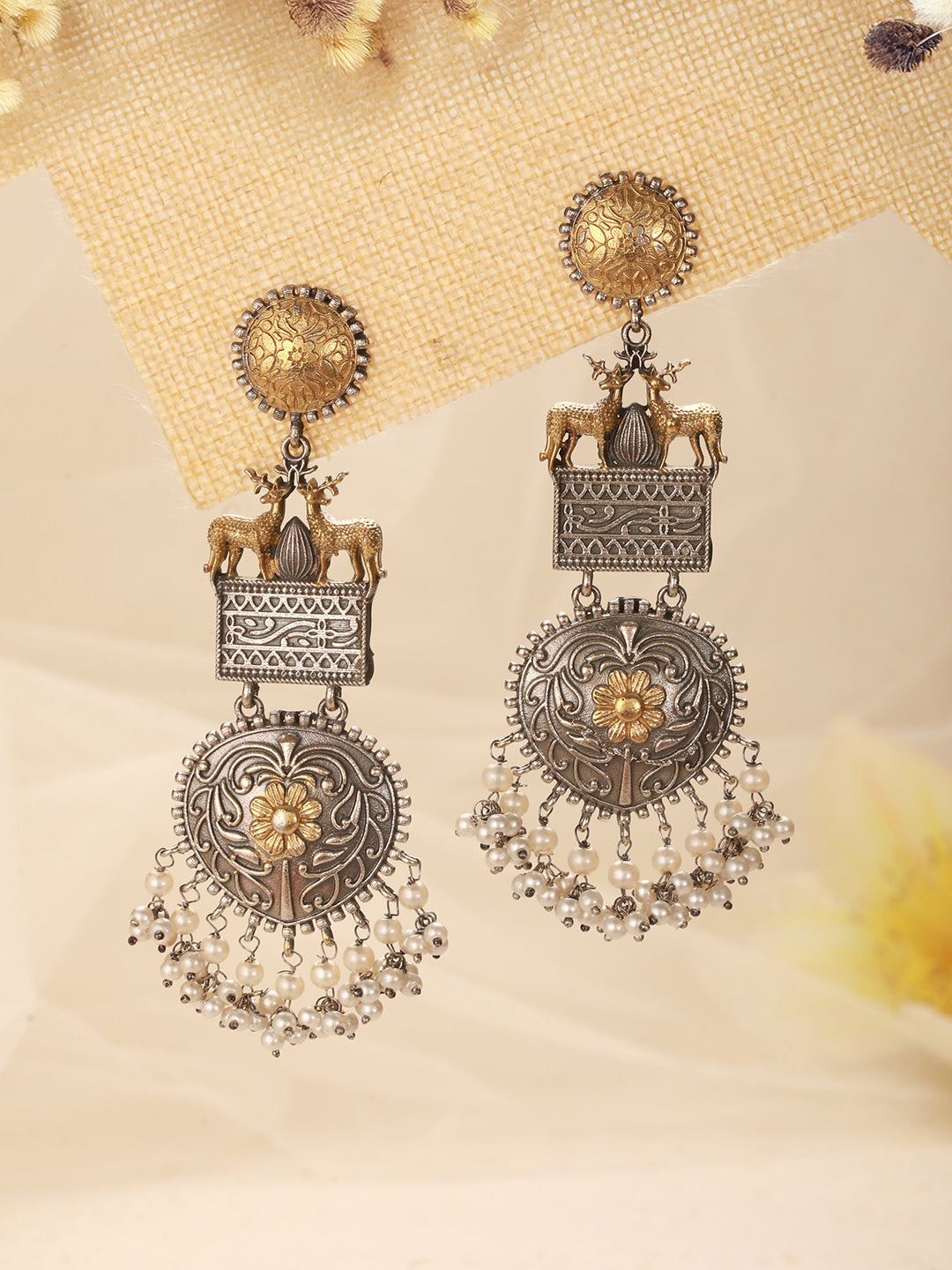 Silver Oxidised Dual Toned Deer Motif Tribal Dangler Chandbali Statement Earrings