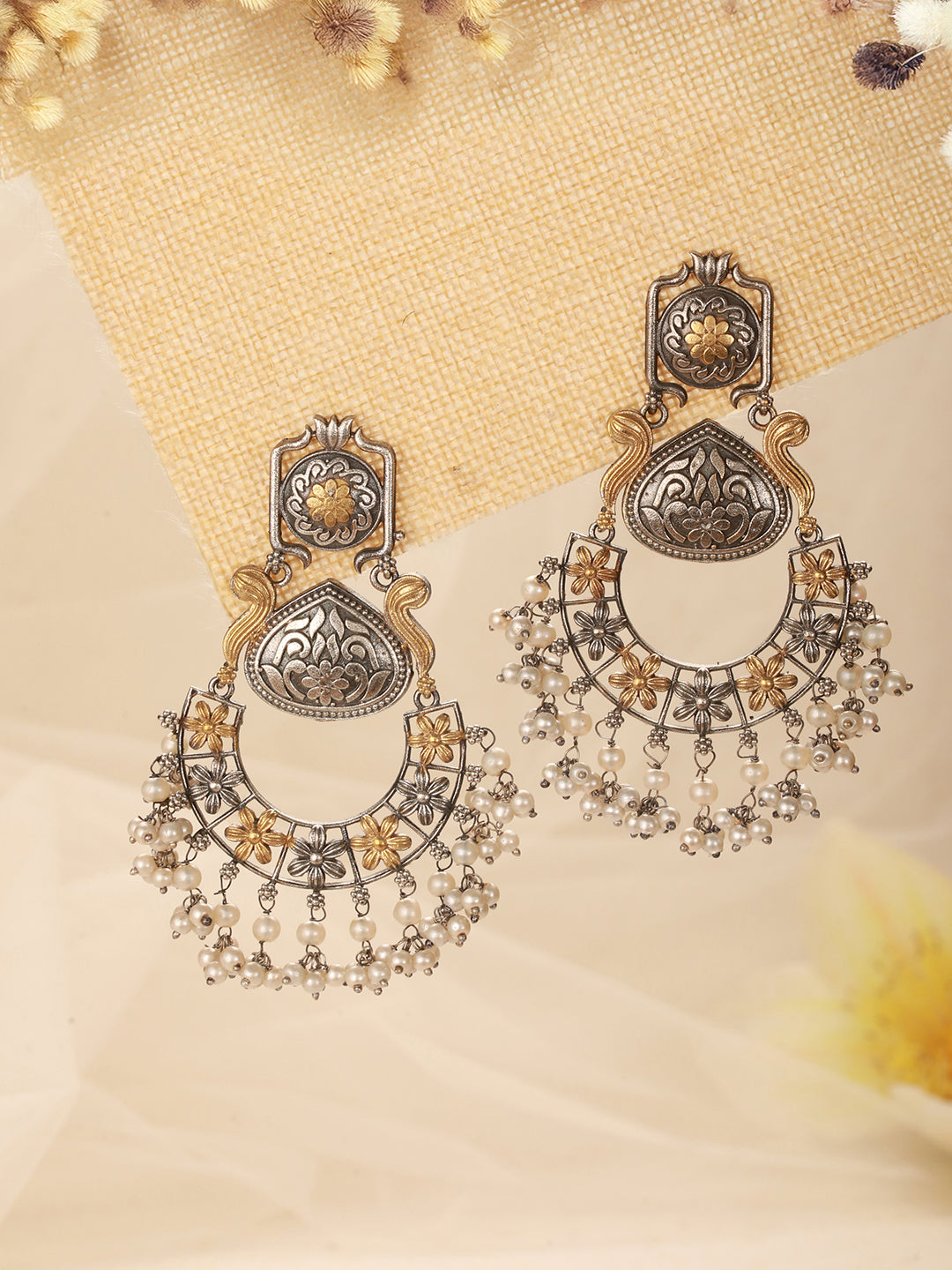 Silver Oxidised Dual Toned Pearl Beaded Floral Filigree Statement Chandbali Earrings