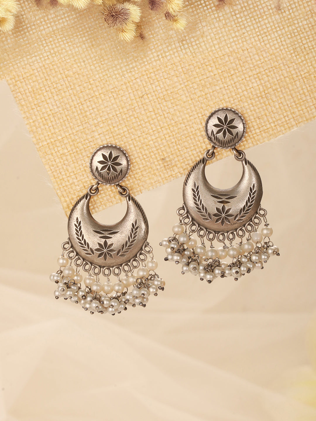 Oxidised Silver Lookalike Pearl Beaded Tribal  Lightweight Chandbali Earrings