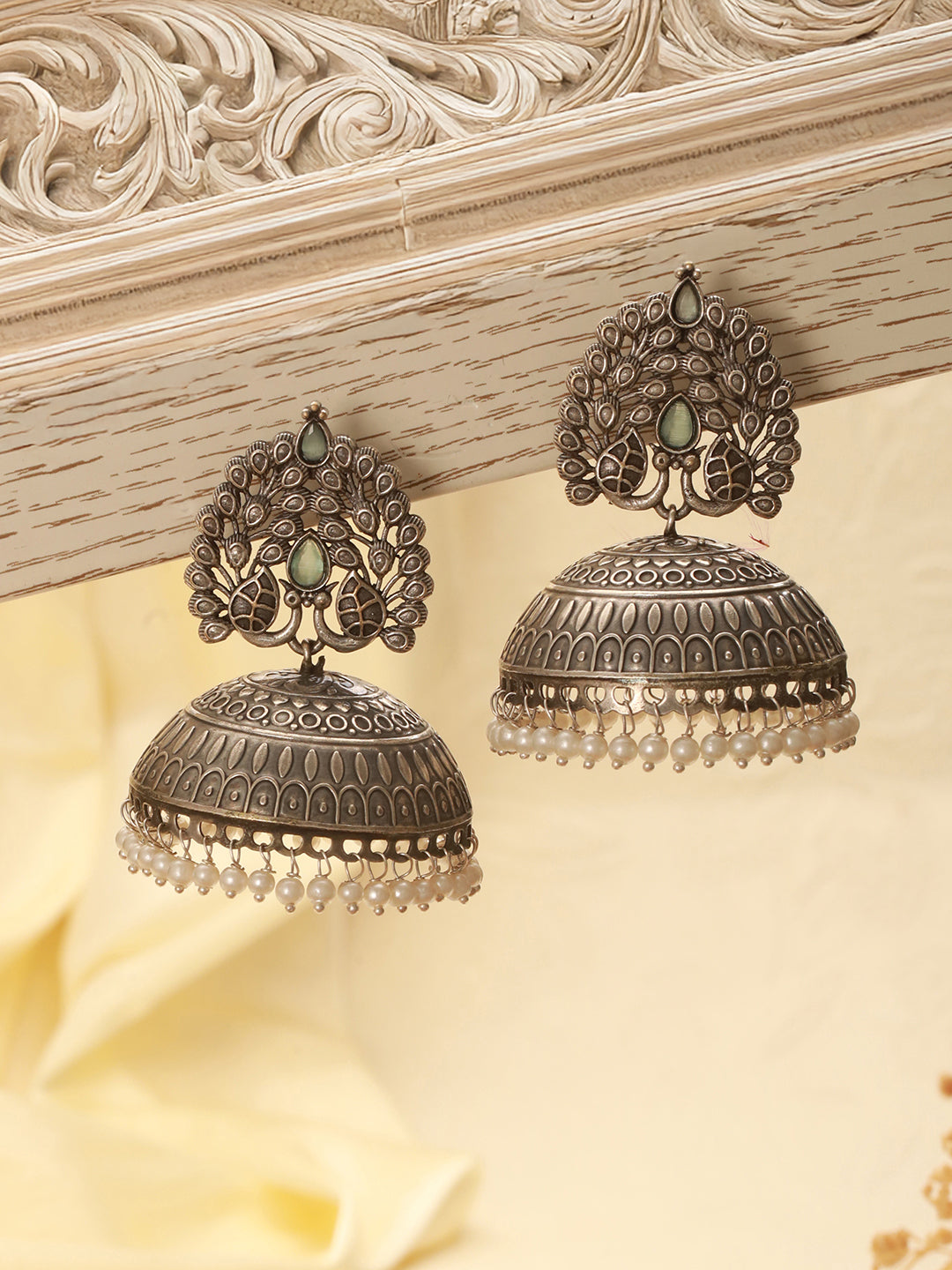 Silver Oxidised Pearl Beaded  Filigree Tribal Large Jhumka Earrings