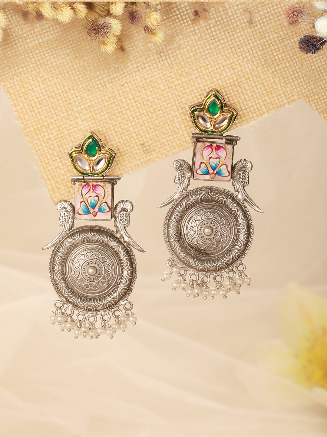 Silver Oxidised Kundan Studded & Enamelled Fusion Statement Long Earrings