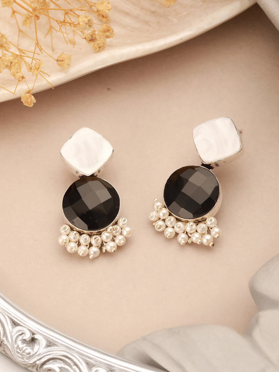 Silver Oxidised Black Stone Studded Pearl Beaded Minimal  Drop earrings