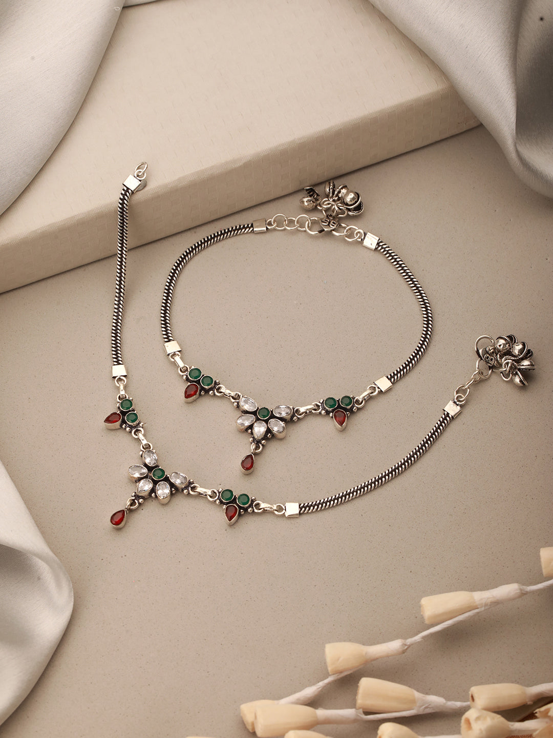 Oxidised Silver lookalike Red Stone Studded Bridal Floral Anklet Payal