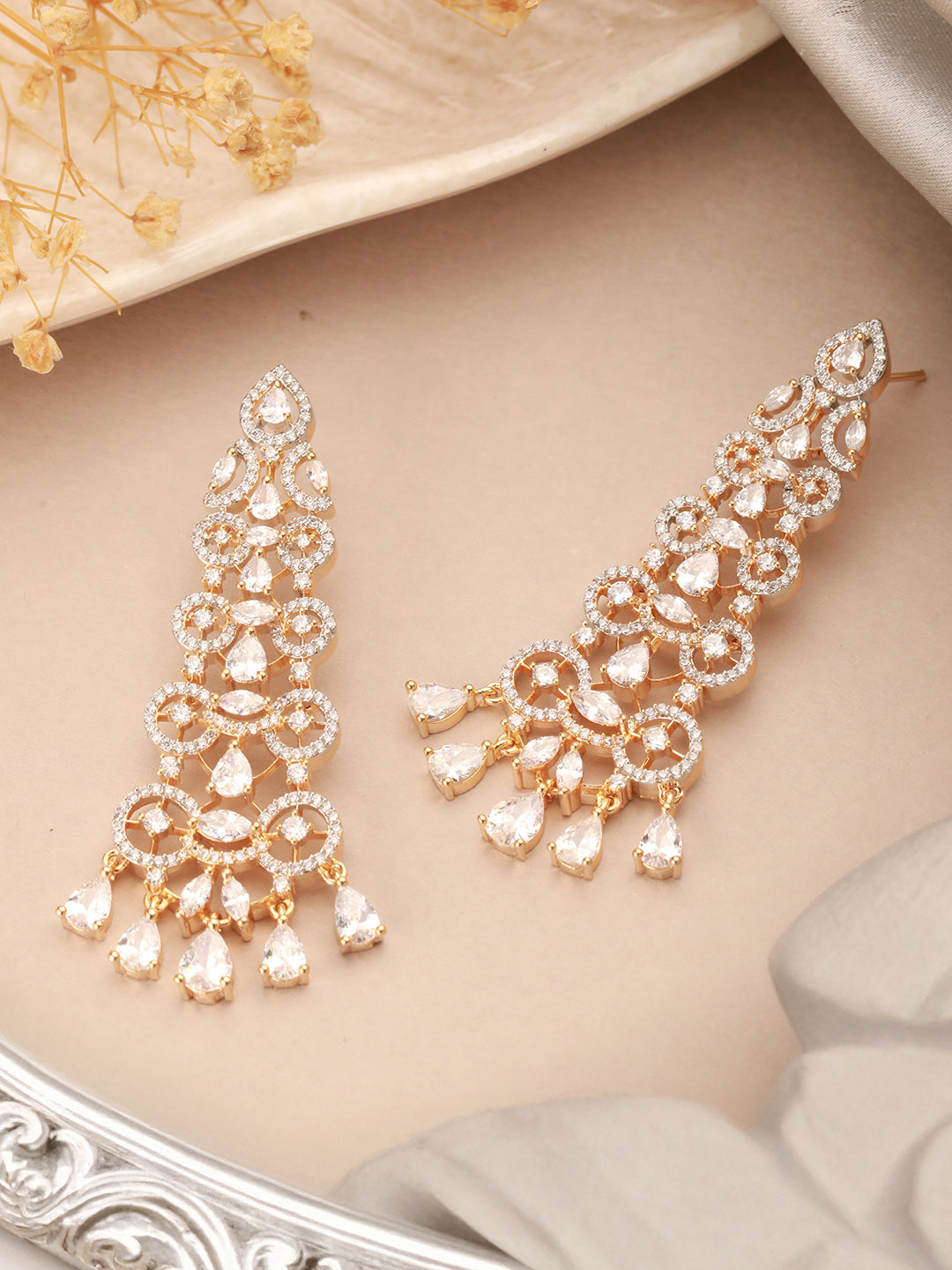 Gold Toned AD Zircon Studded Designer Dangler Partywear Earrings