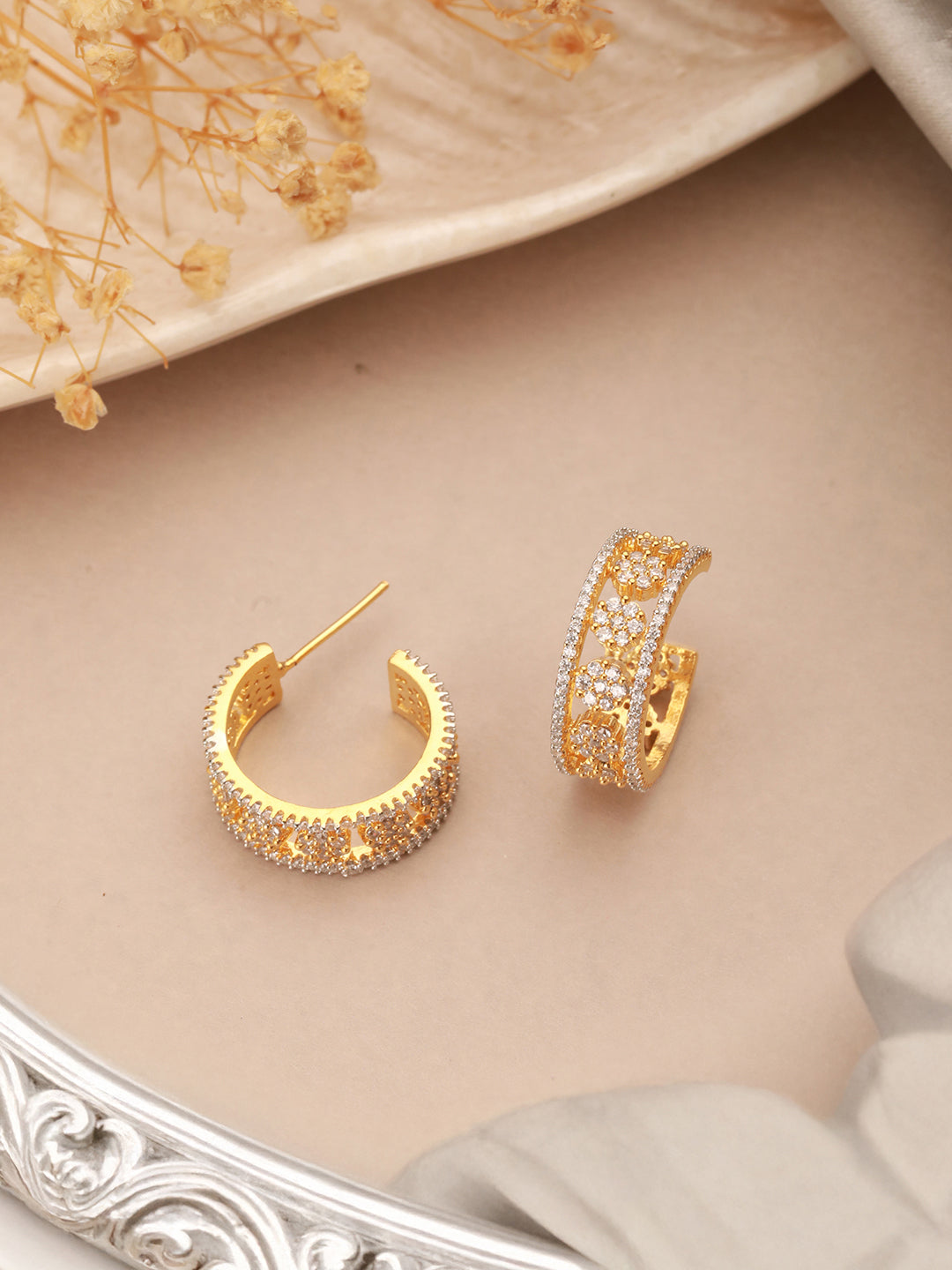 Gold Toned AD Zircon Studded C - Bali Hoop earrings