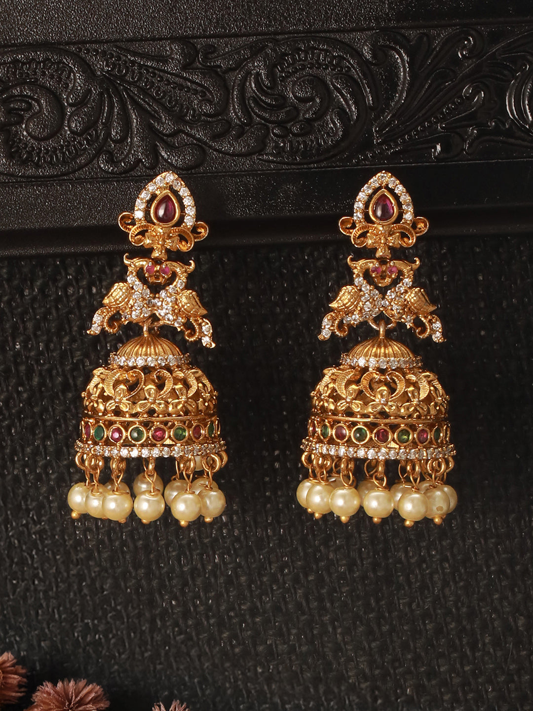 Gold Toned Red Kempo Studded Peacock Temple bridal Jhumka Earrings