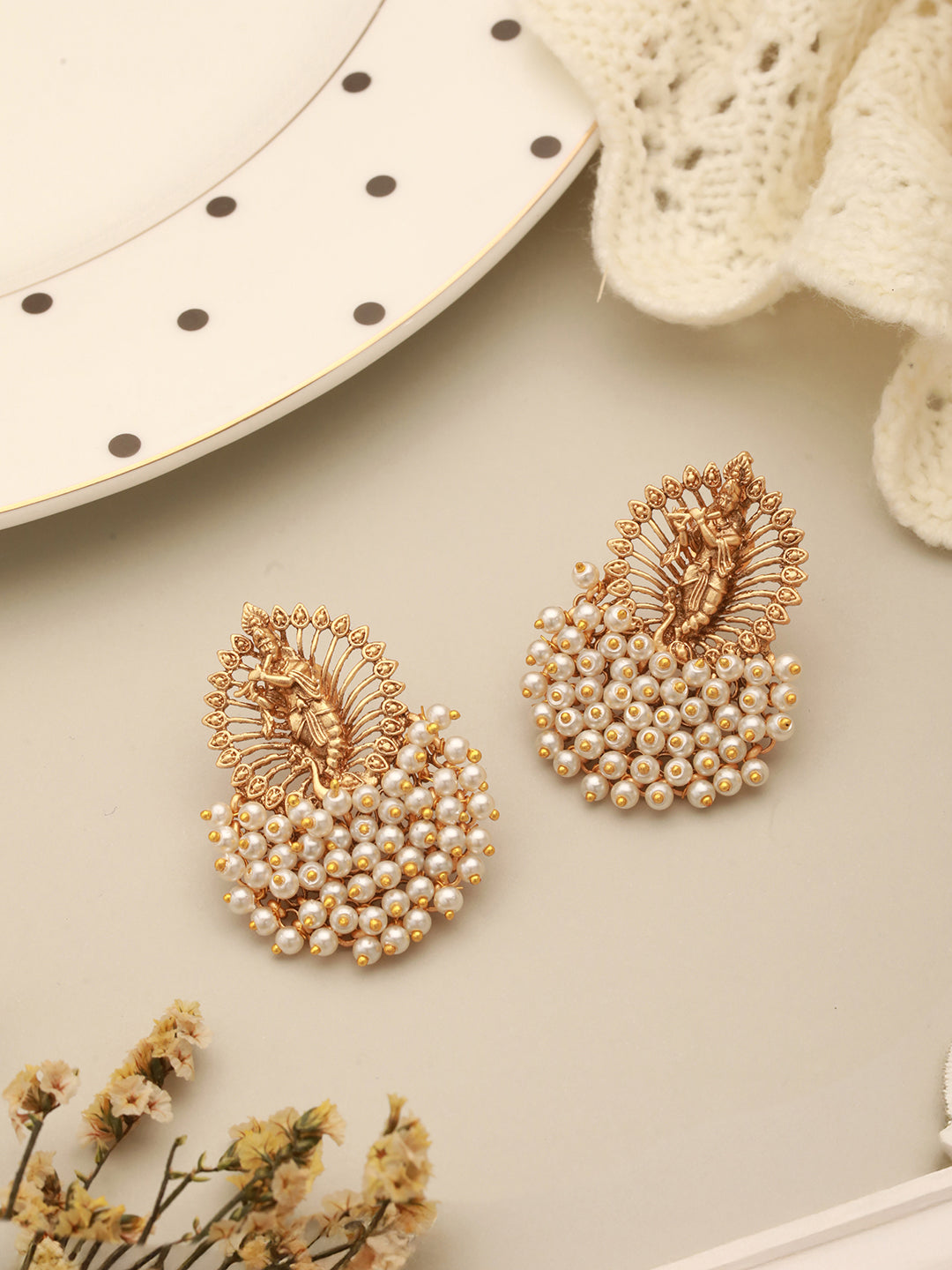 Gold Plated Perarls Beaded Shri krishna Designer large Studds earring